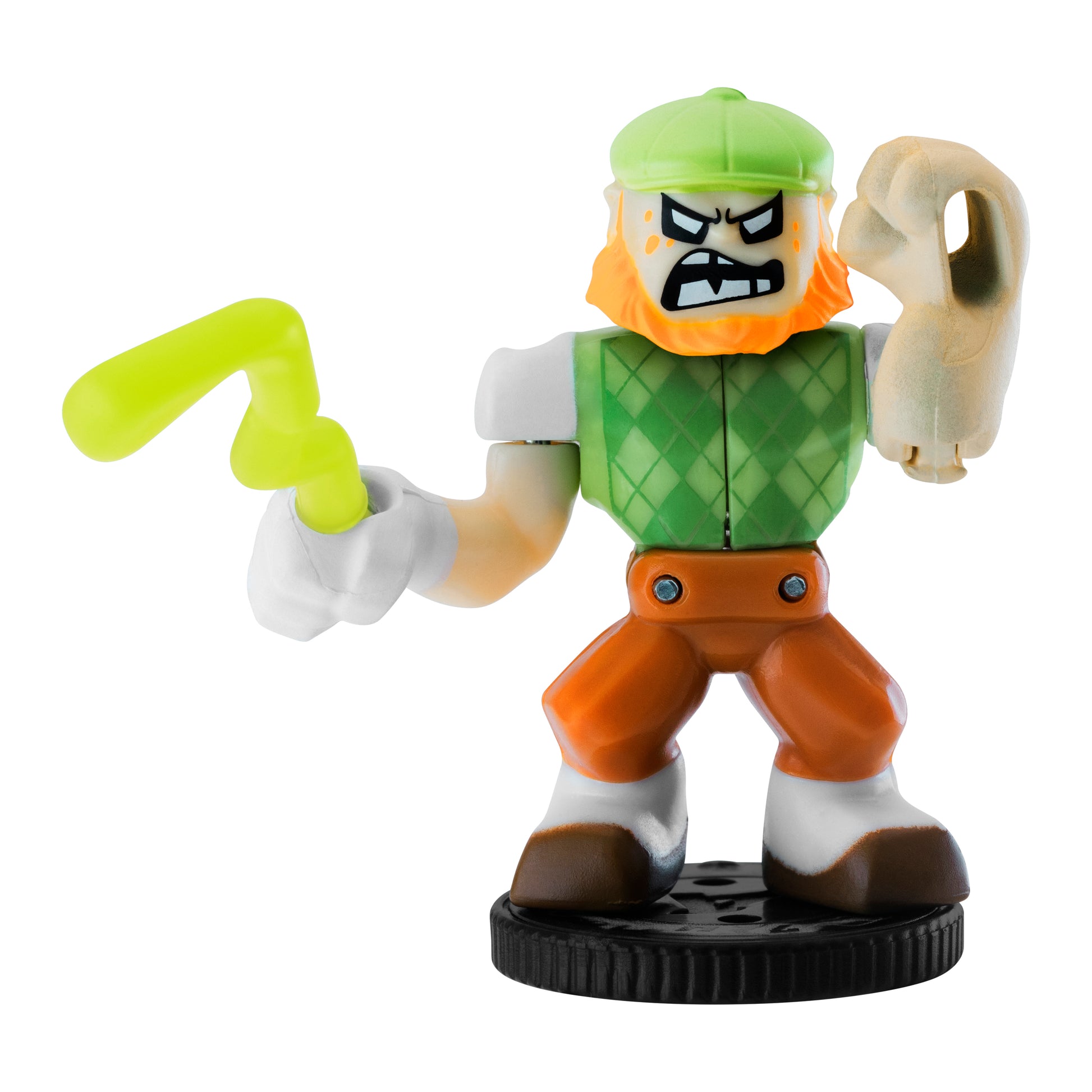 Toy figure with green hat and outfit holding a yellow weapon on a white background