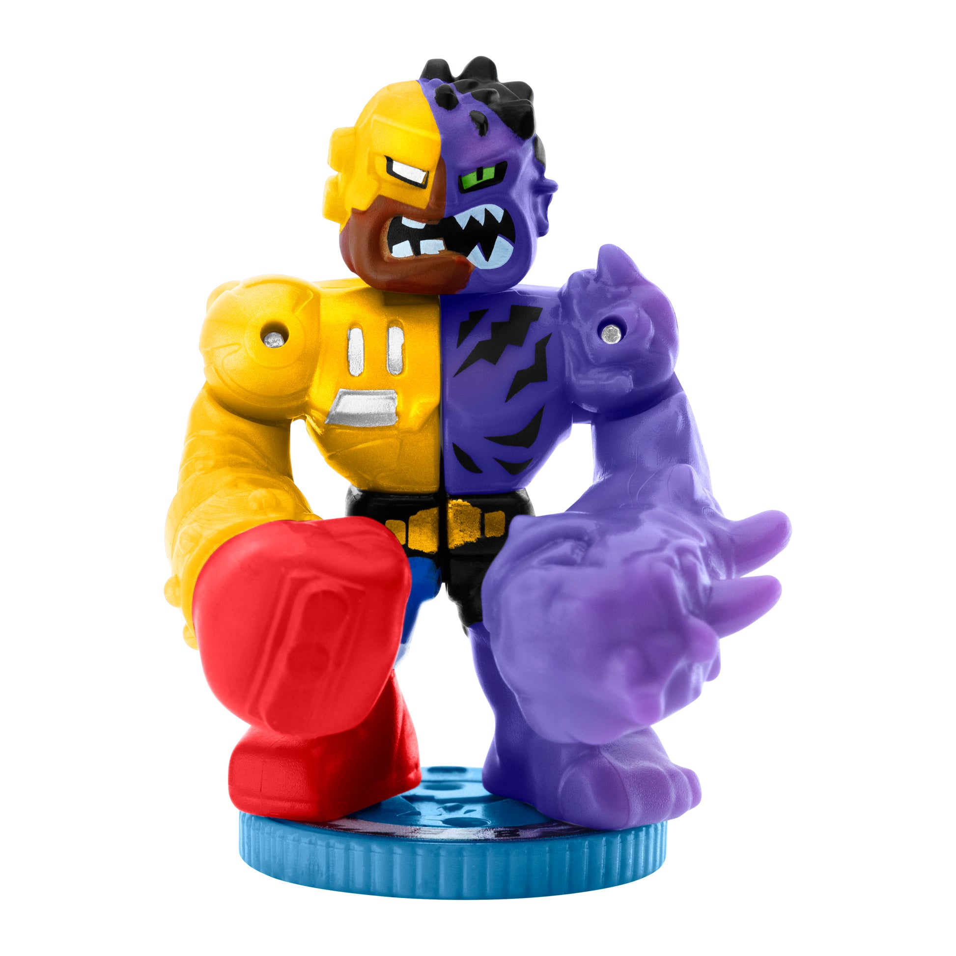 Colorful action figure with a yellow, purple, and red design on a white background