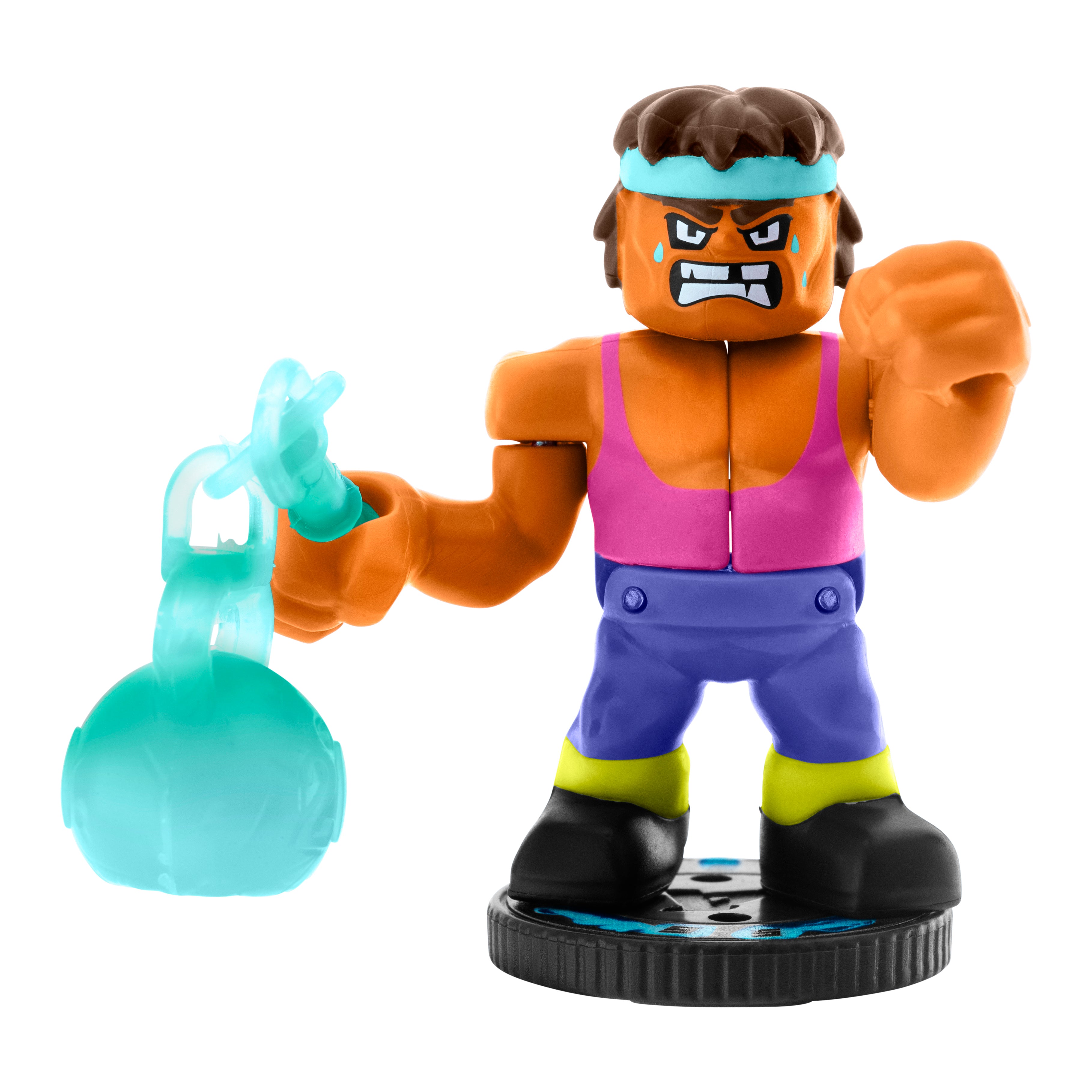 Toy figure with a colorful outfit holding a glowing blue object on a white background