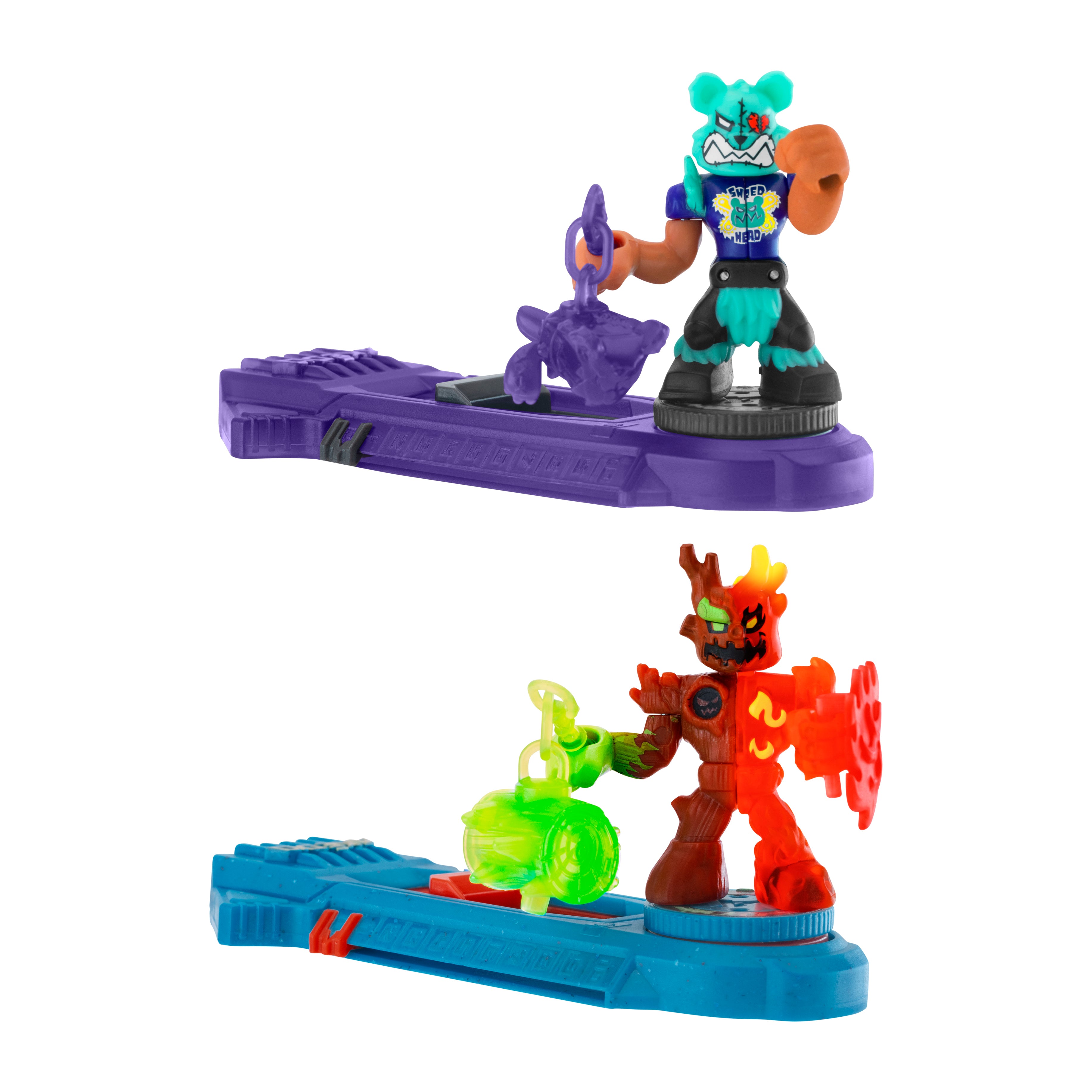 Toy figures on purple and blue stands with a white background