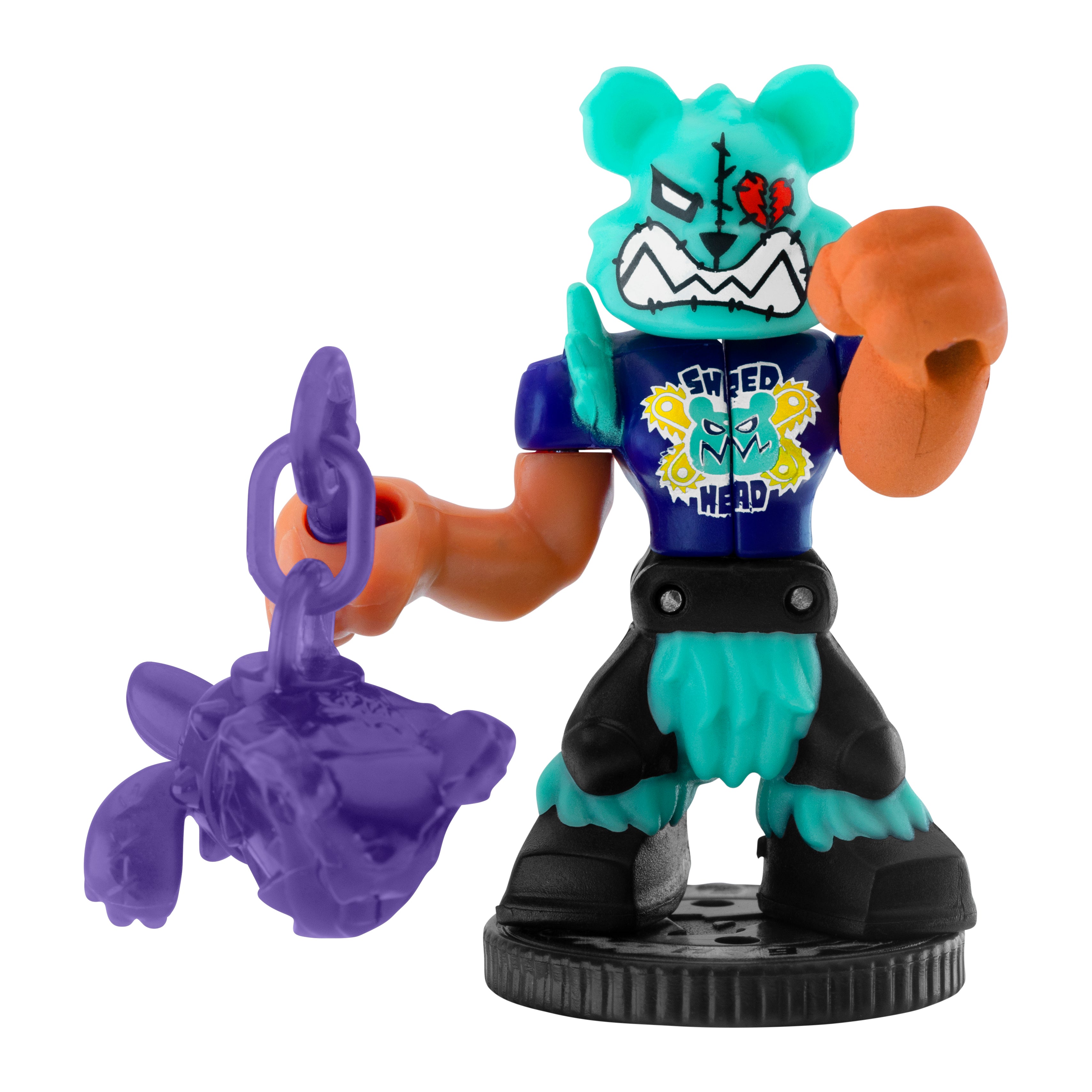 Toy figure with teal hair, blue shirt, and purple object on a white background