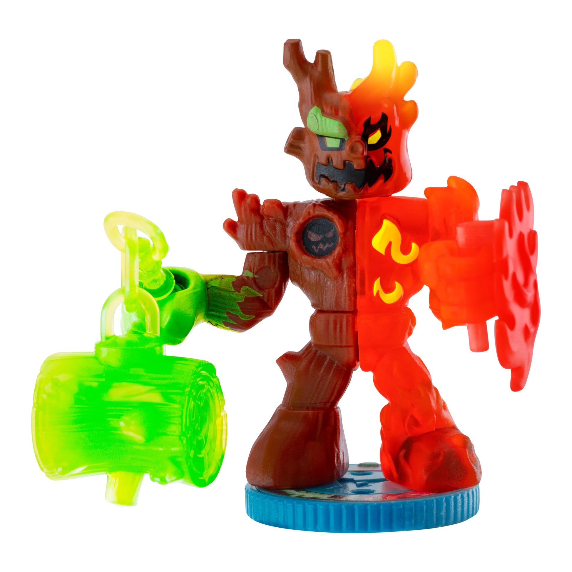 Toy figure with red and brown design holding a green object on a white background