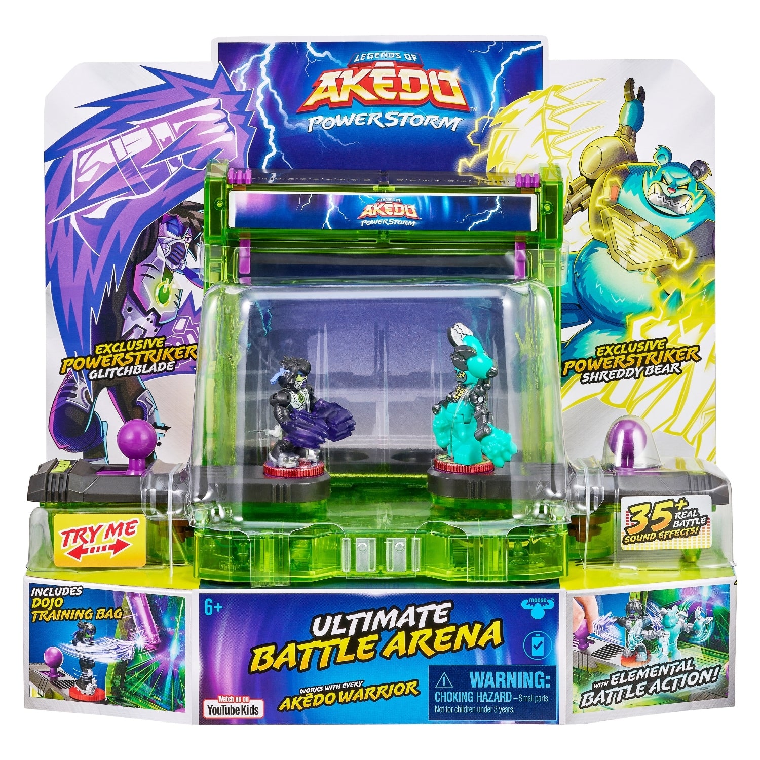 Akedo Power Storm toy set packaging with figures and arena