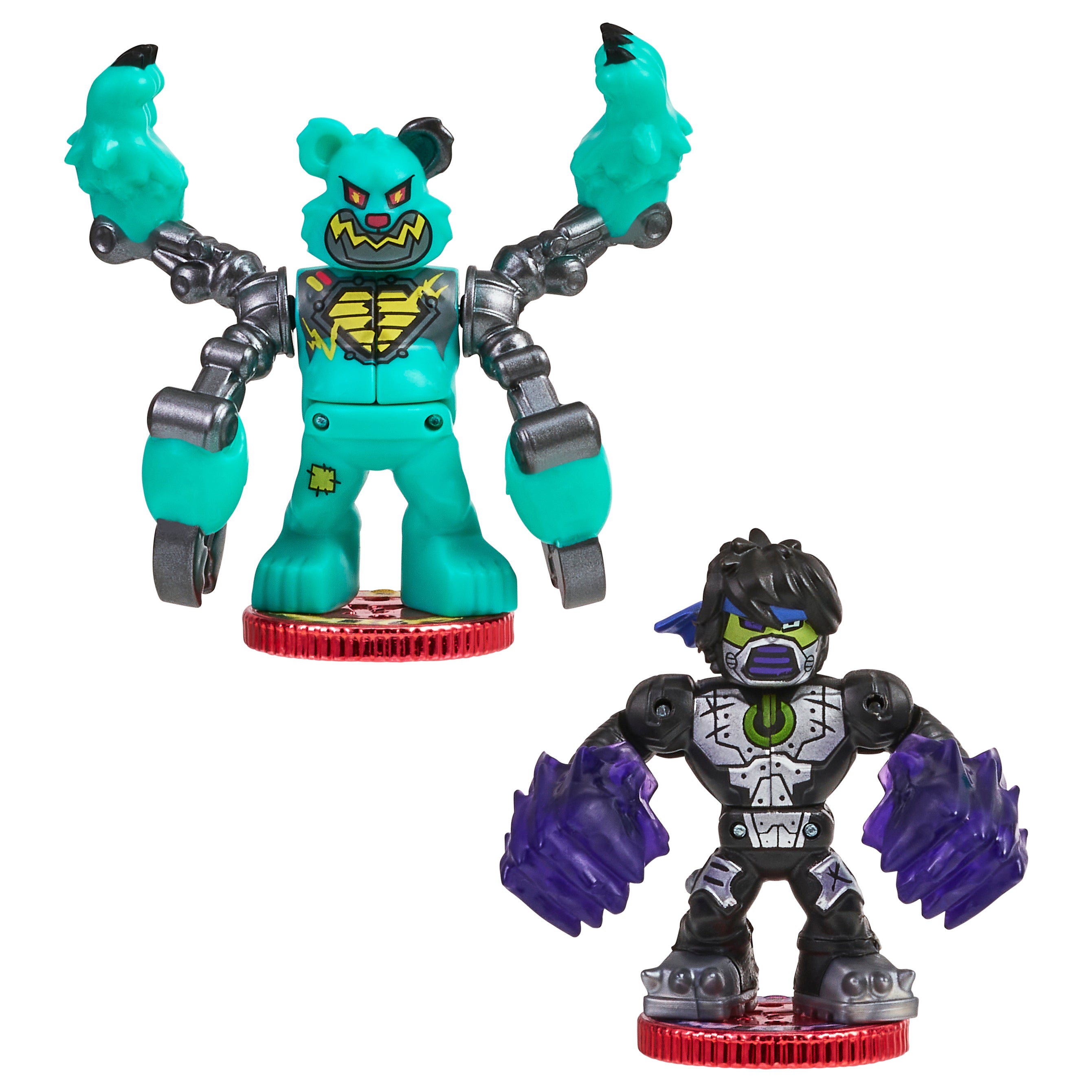 Two toy figures, one teal and one black with purple accents, on a white background.