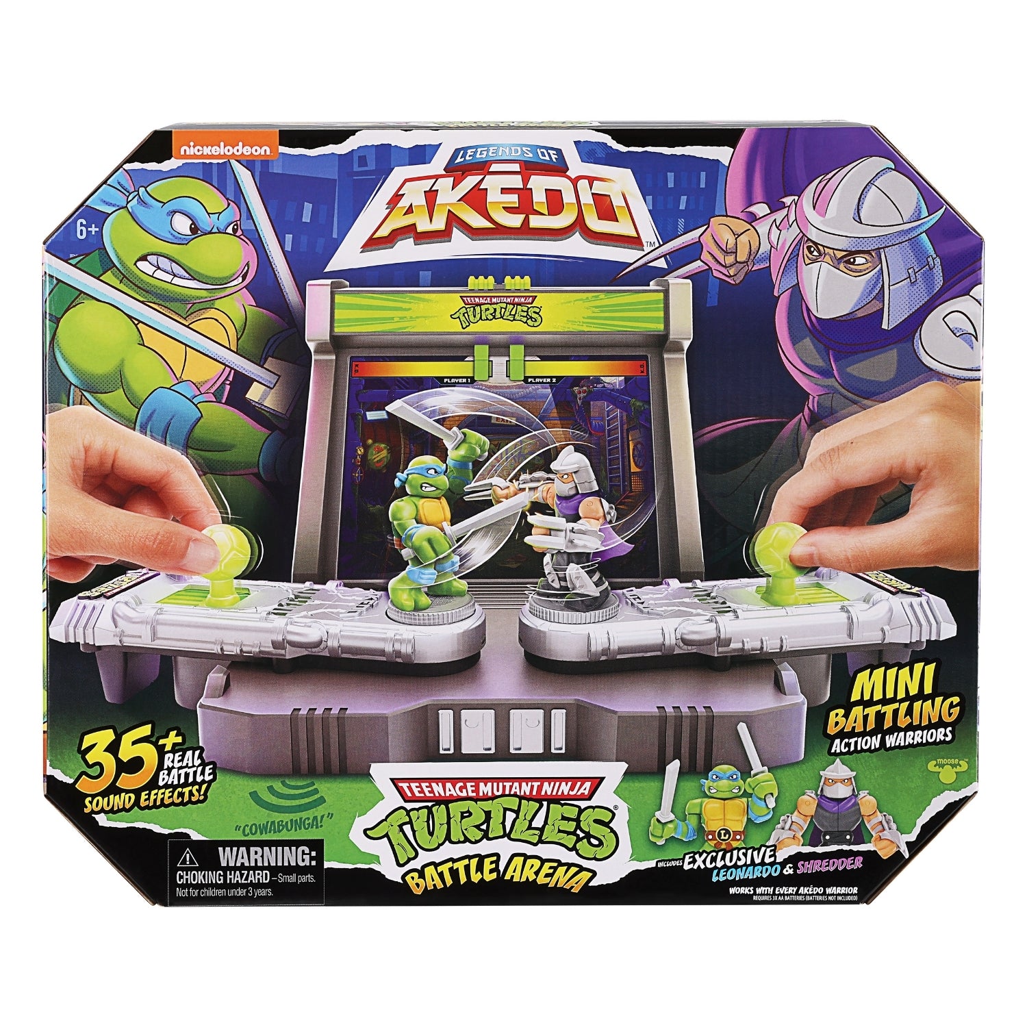 Toy battle arena set with Teenage Mutant Ninja Turtles branding on packaging