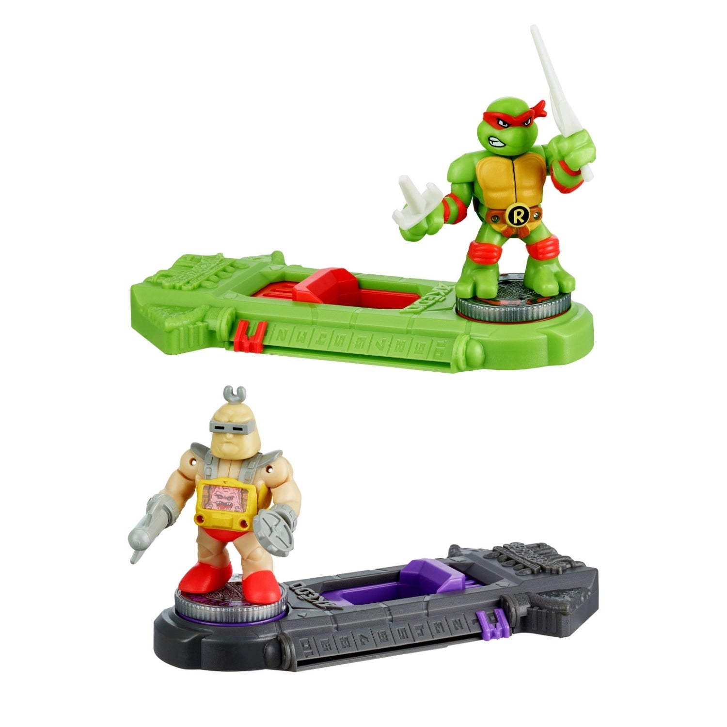 Two toy figures on stands with a white background
