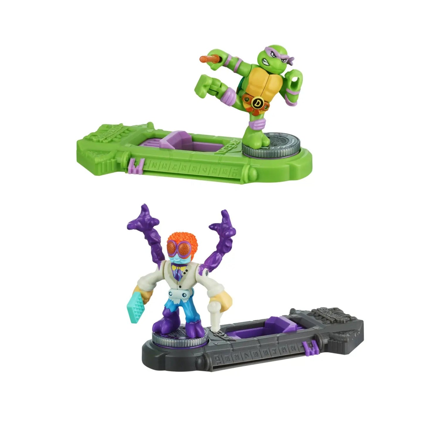 Toy figures on platforms with a white background