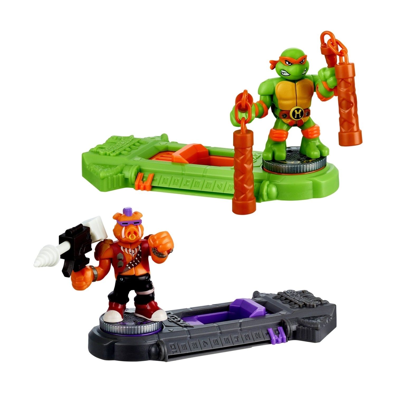 Toy figures on bases with a white background