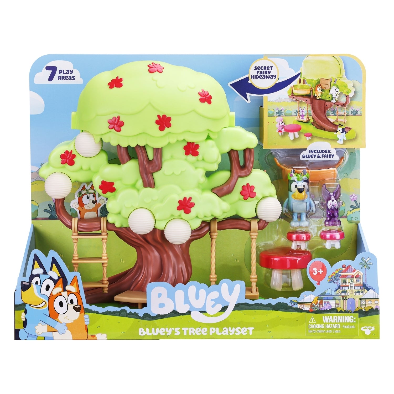 Bluey's Tree Playset packaging with treehouse and characters on a white background