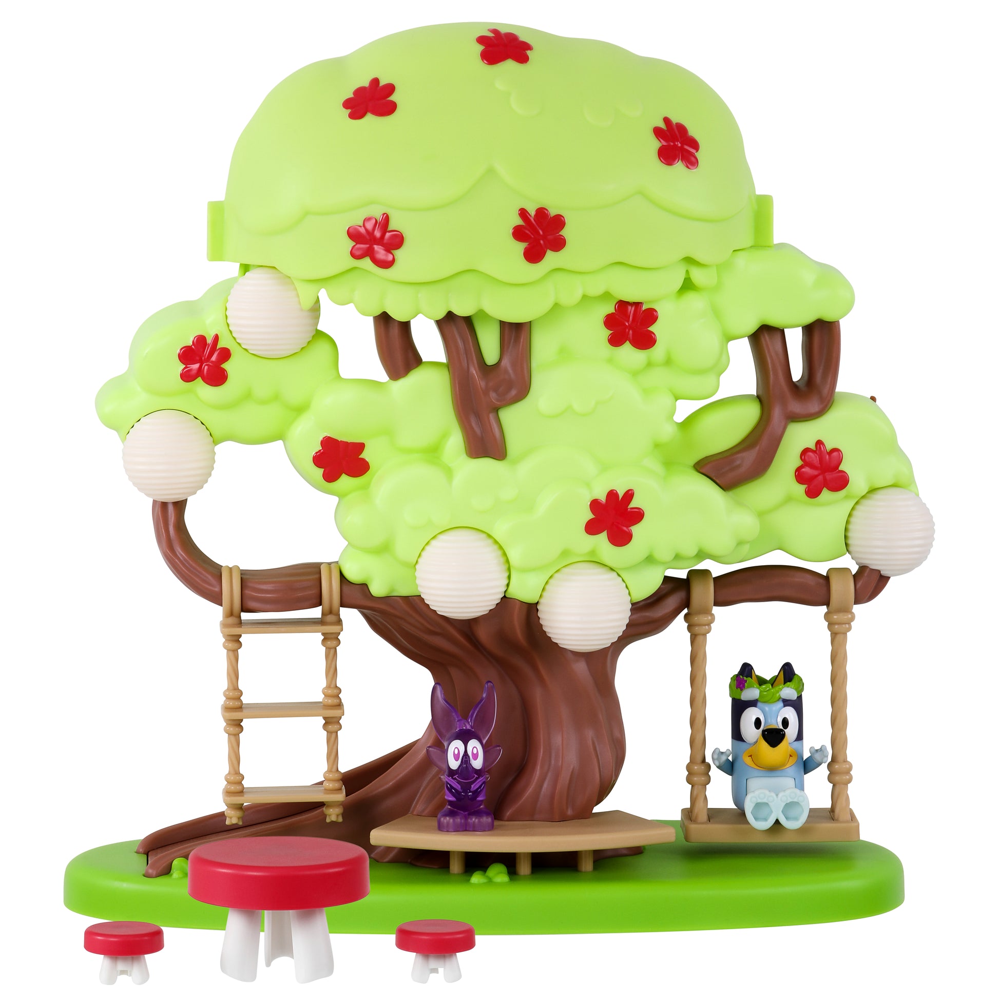 Toy treehouse with characters and furniture on a white background