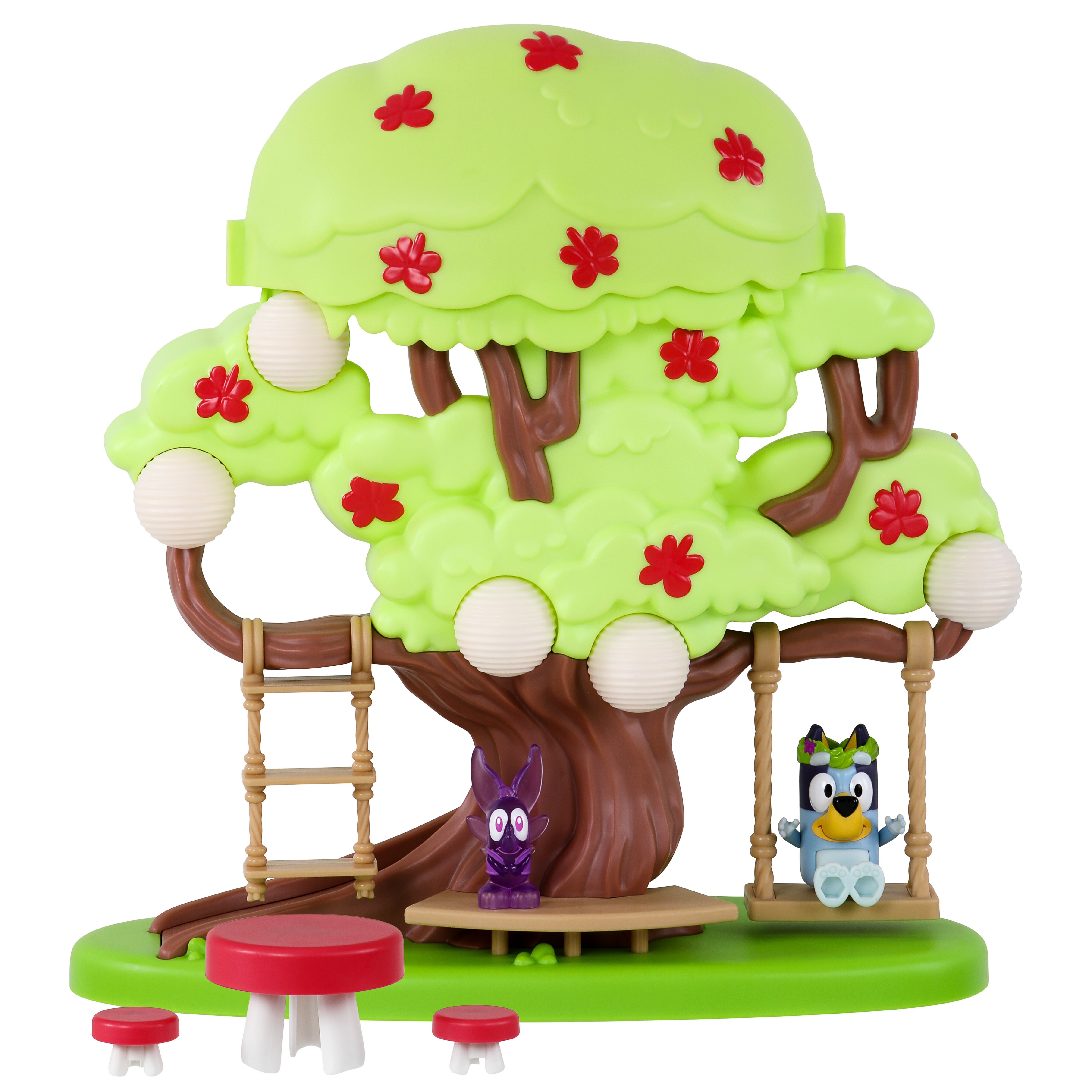 Toy treehouse with characters and furniture on a white background