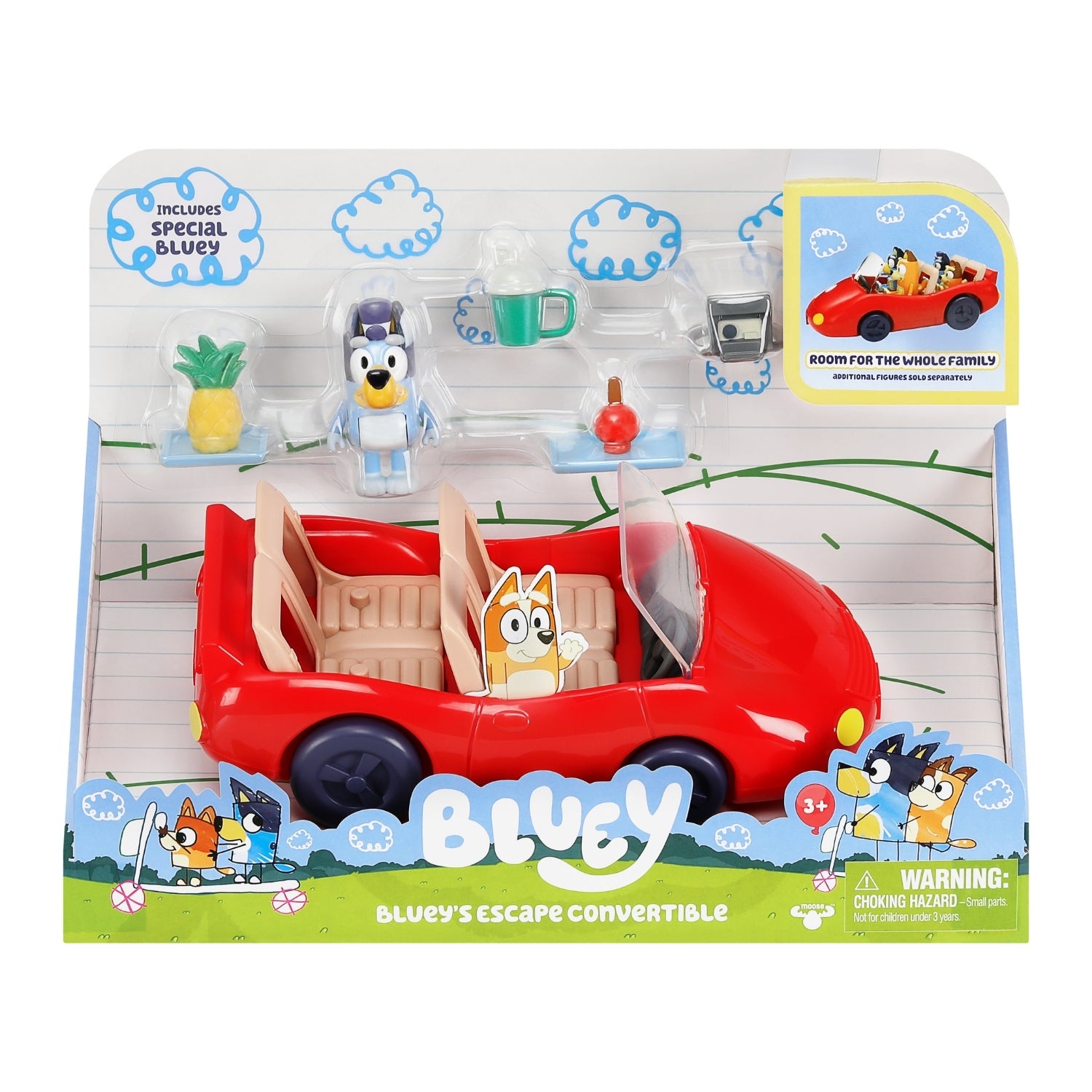 Toy car set in packaging with cartoon characters and accessories on a white background