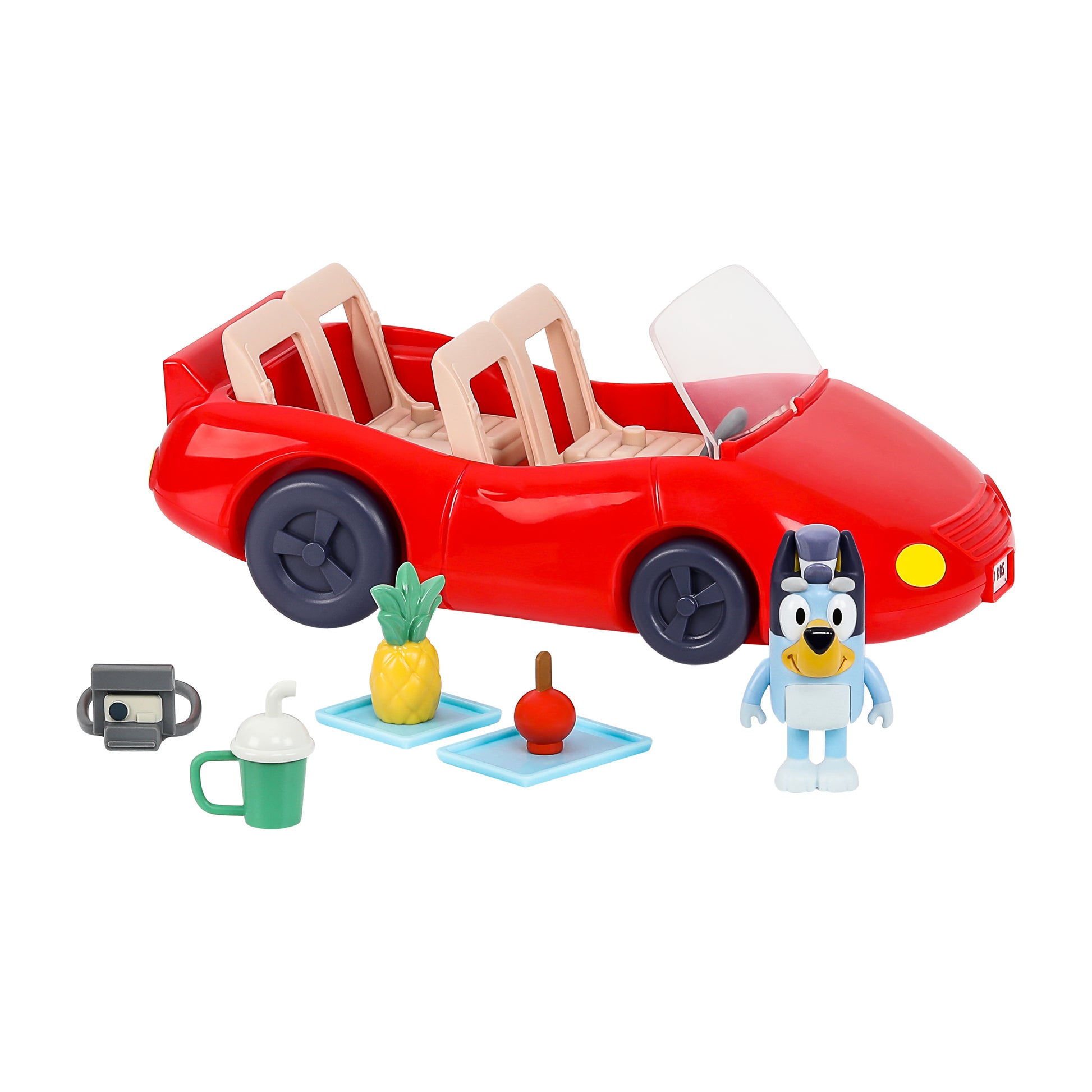 Red toy car with wooden seats, a character figure, and small accessories on a white background