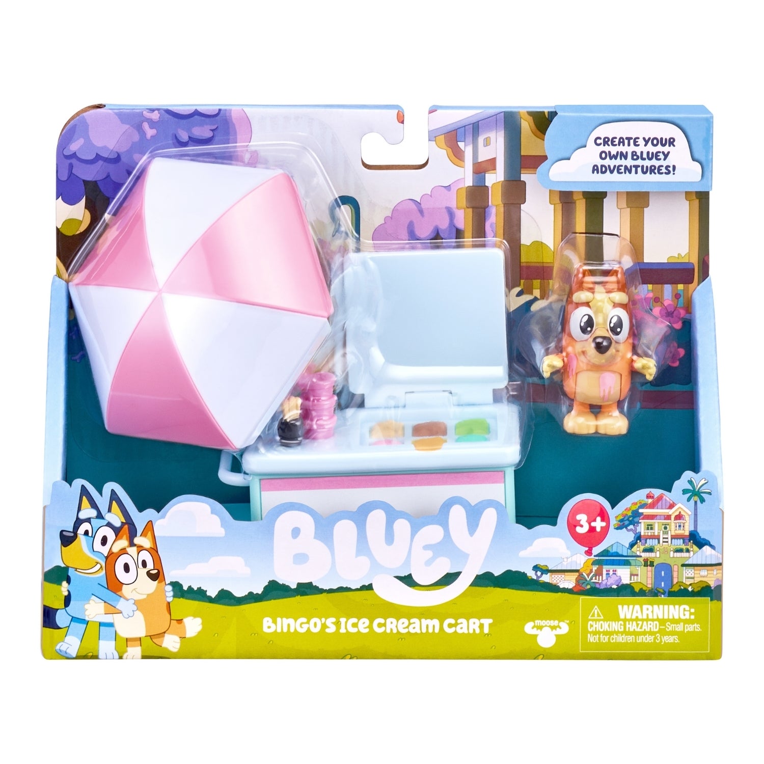 Toy packaging of Bingo's Ice Cream Cart from the Bluey series, featuring a toy figure and ice cream cart.