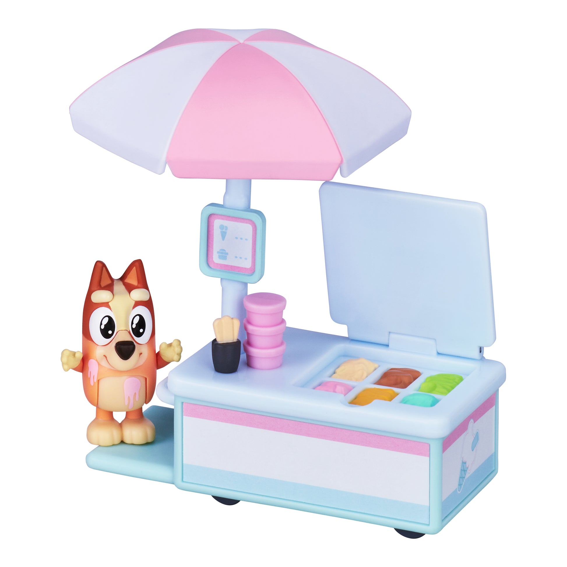 Toy ice cream stand with Bingo on a white background
