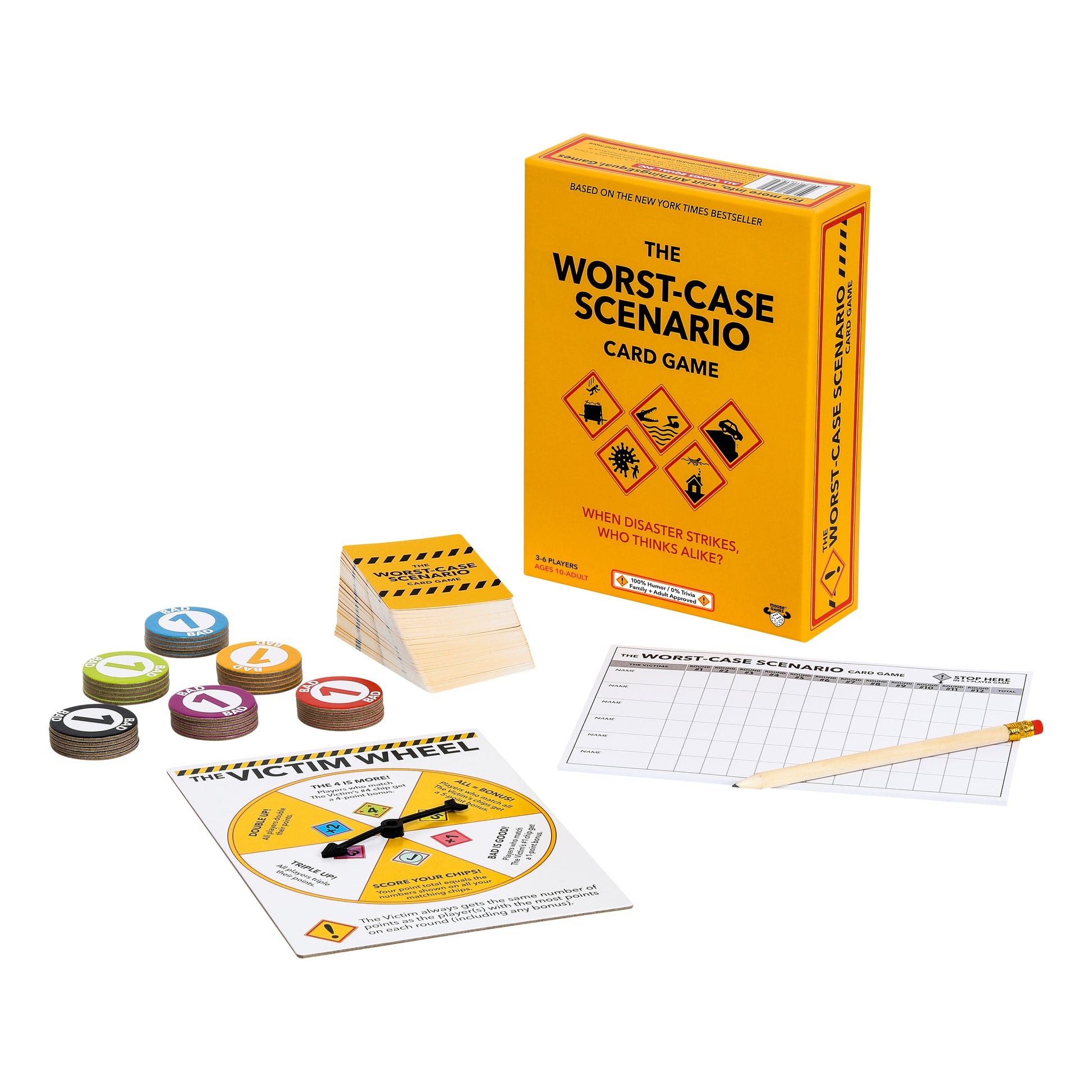 The Worst-Case Scenario card game packaging with cards and instructions on a white background
