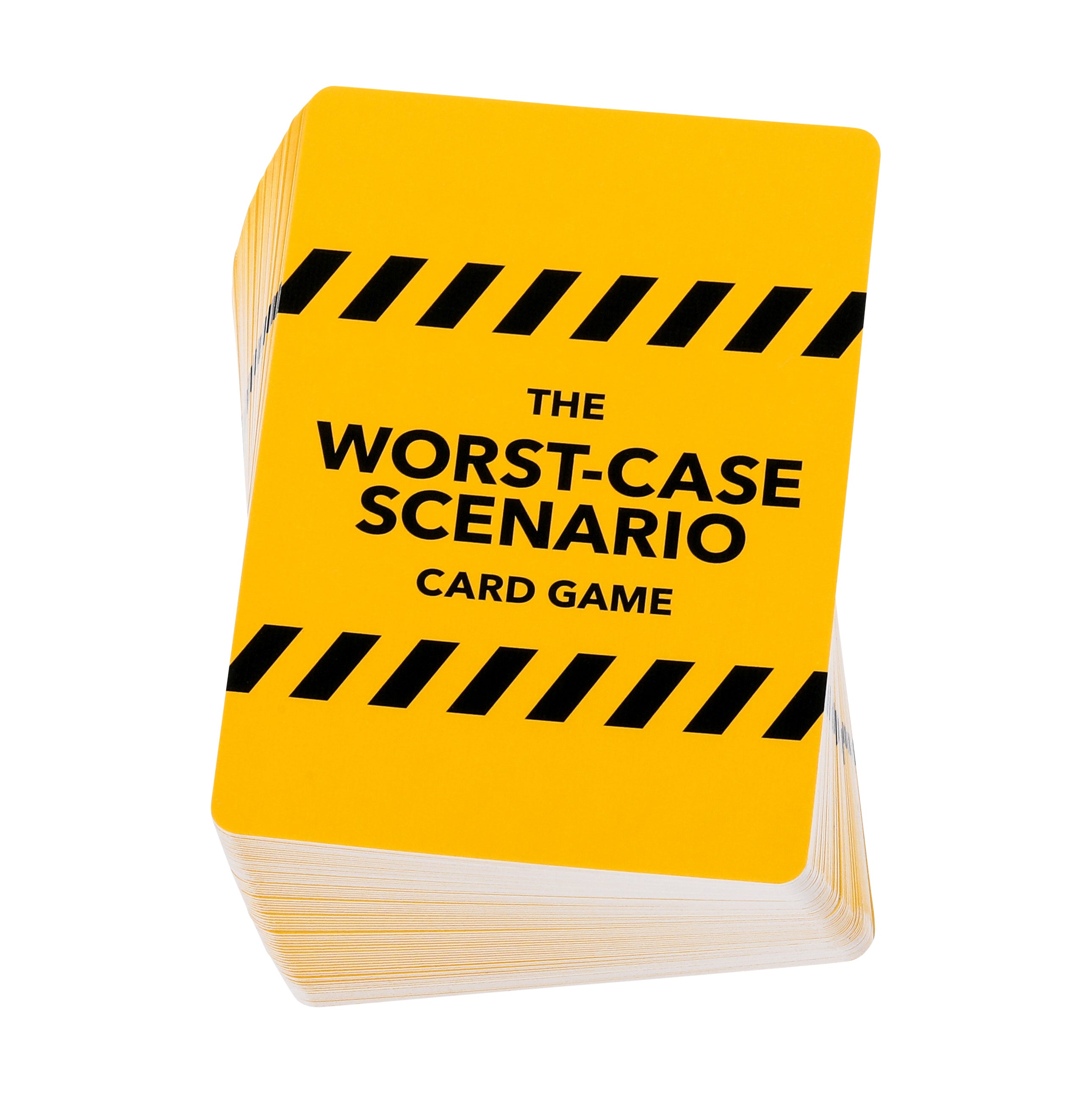 Stack of 'The Worst-Case Scenario' card game cards with yellow cover and black text.