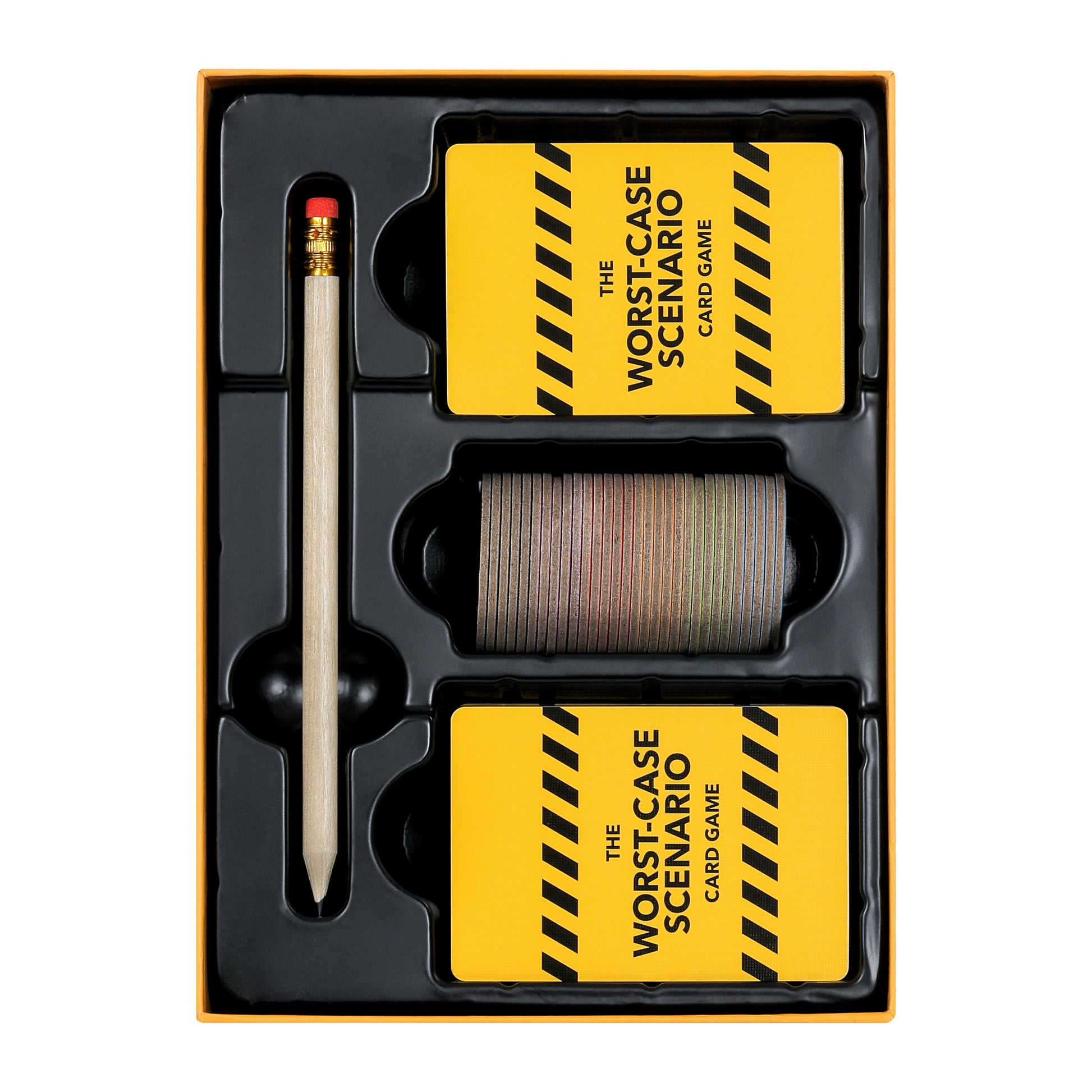 Card game set with cards, pen, and dice in a box labeled 'The Worst-Case Scenario Card Game'.