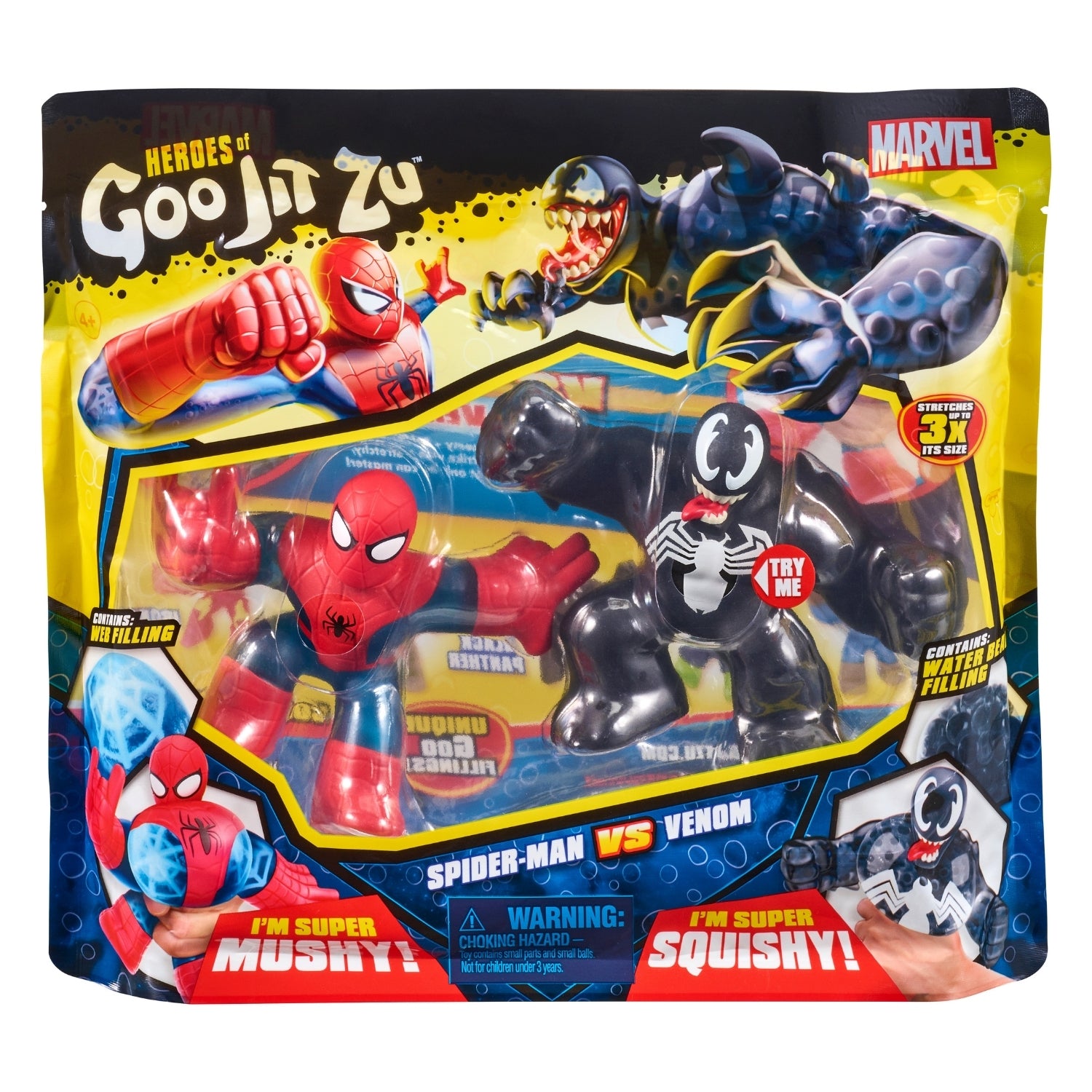 Goo Jit Zu Spider-Man vs Venom toy figures in packaging with Marvel branding.