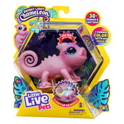 The Moose Toys Little Live Pets S2 Lil' Chameleon comes in a hexagon-shaped box, changes color with LED lights, makes sounds, and is interactive fun for kids ages 5+.