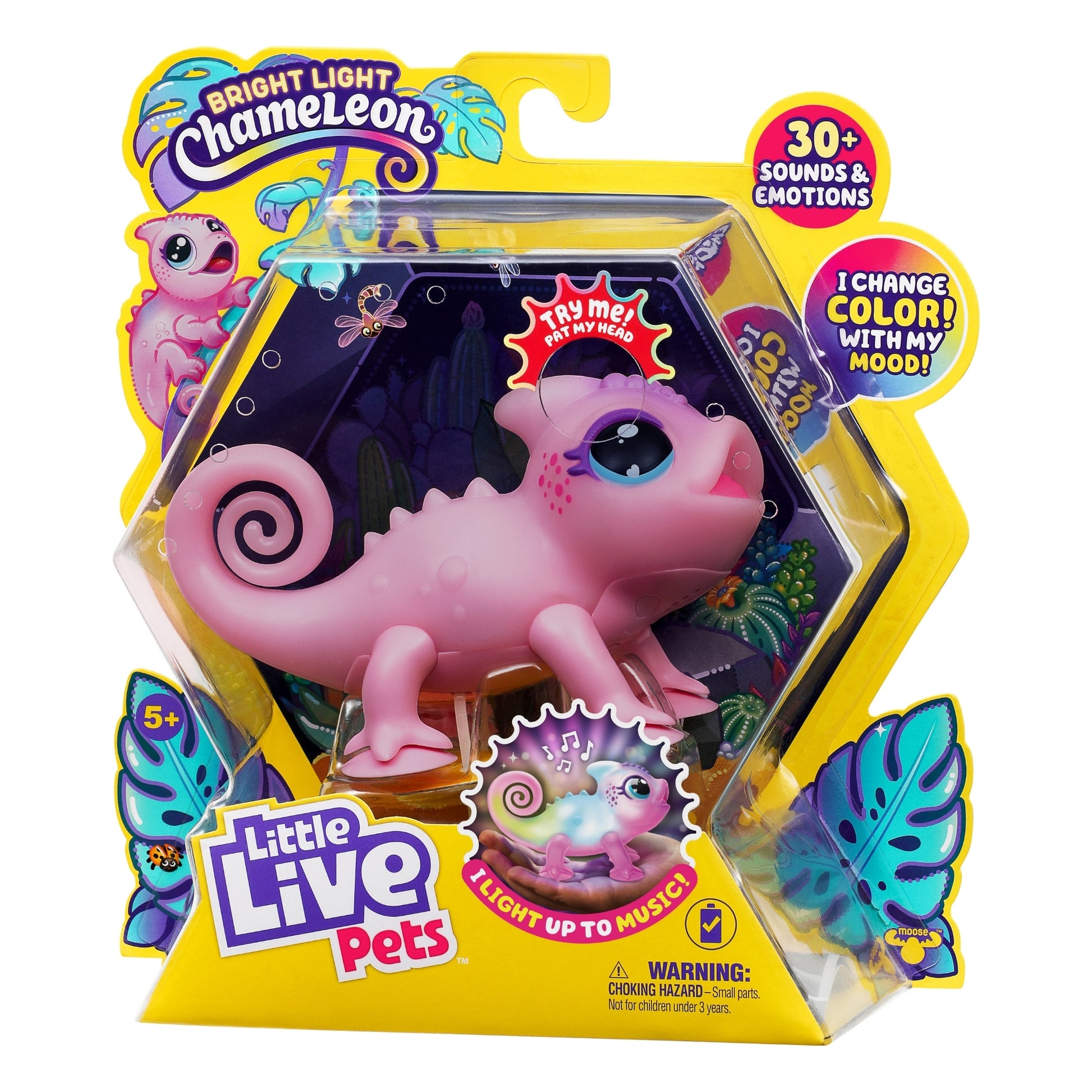 The Moose Toys Little Live Pets S2 Lil' Chameleon comes in a hexagon-shaped box, changes color with LED lights, makes sounds, and is interactive fun for kids ages 5+.