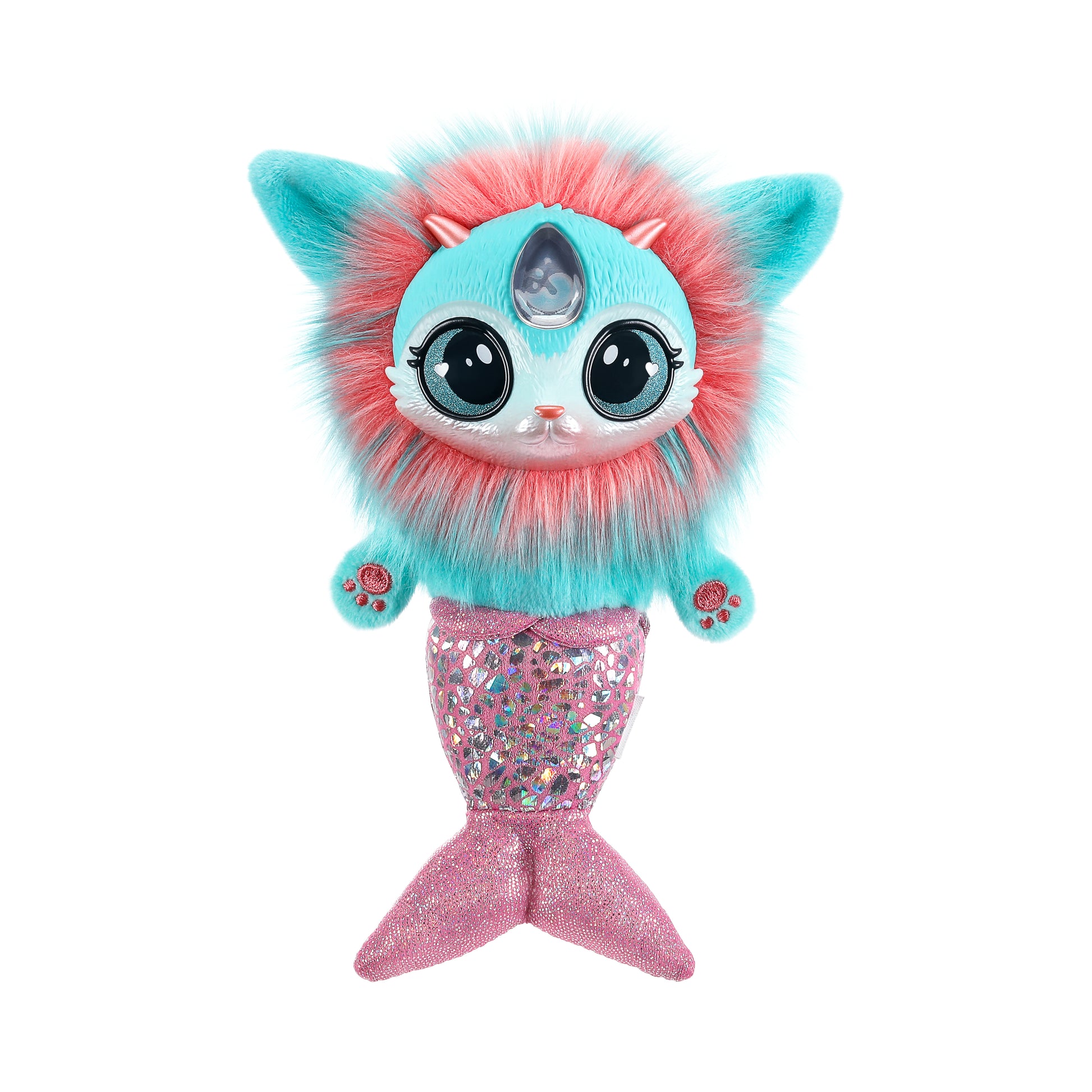 Toy cat with mermaid tail and pink and blue fur on a white background