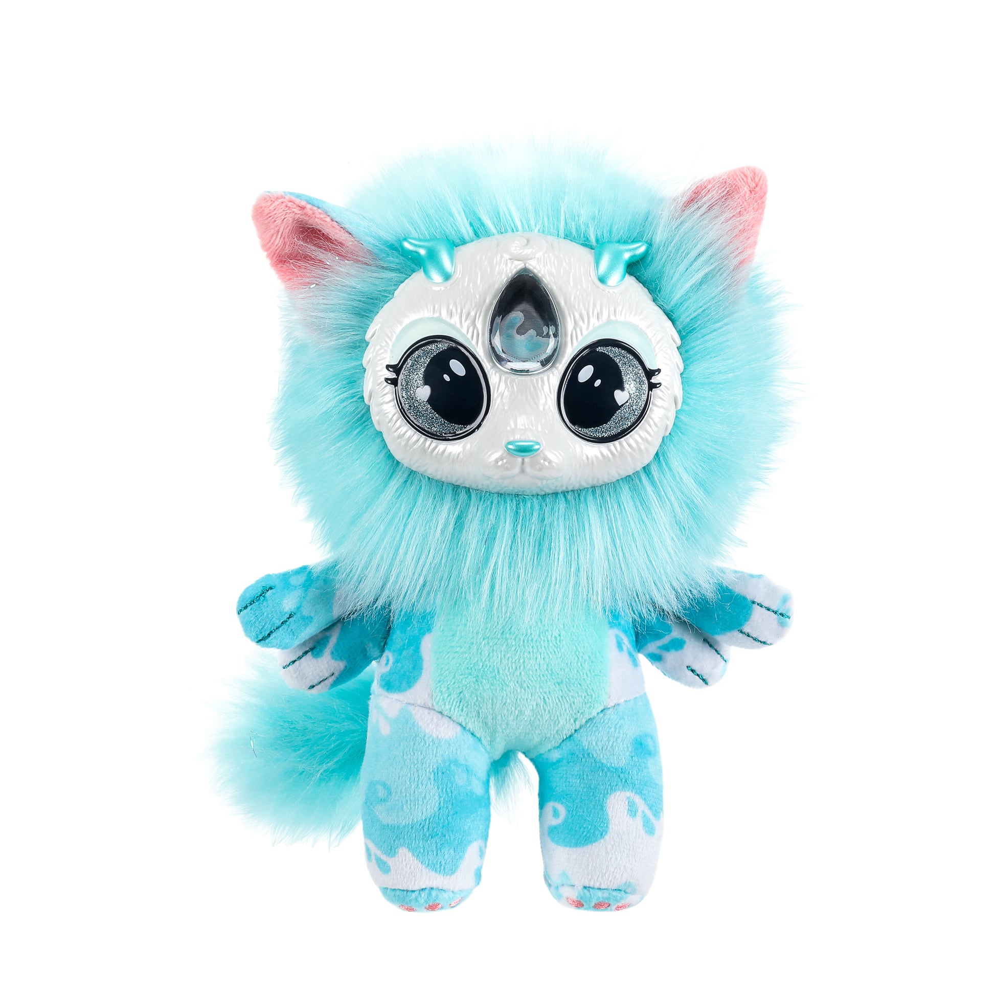 Blue and white plush toy with large eyes on a white background