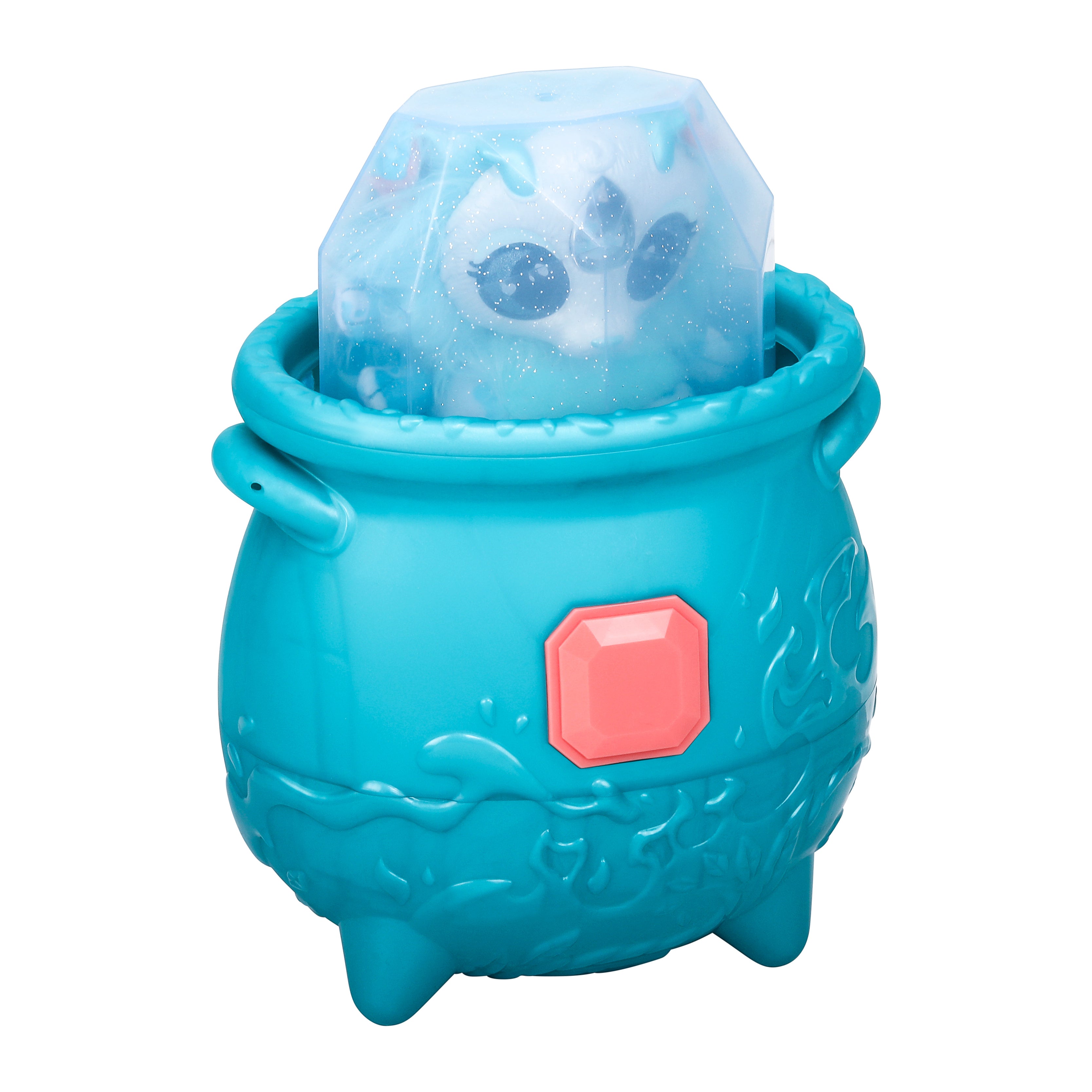 Blue toy cauldron with a paw print ice cube on a white background