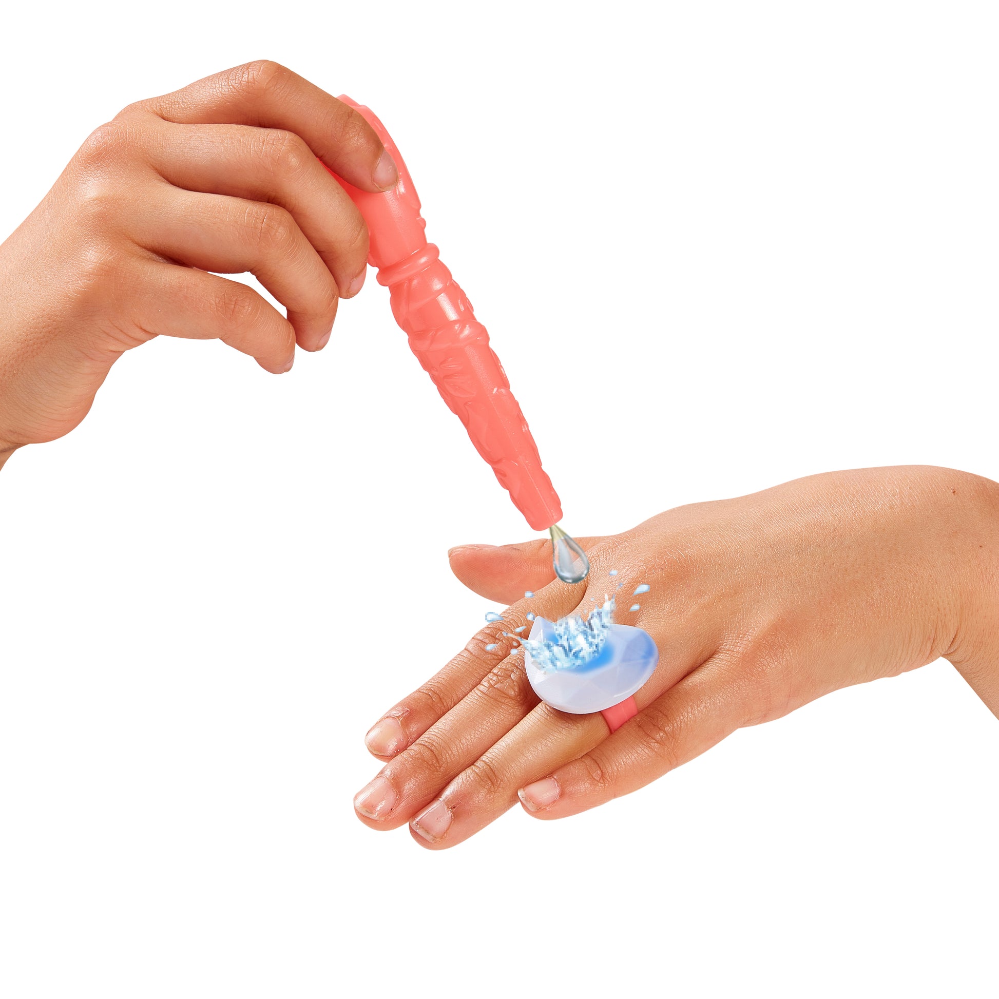 Hand using a pink tool to apply a blue gel-like substance onto another hand on a white background