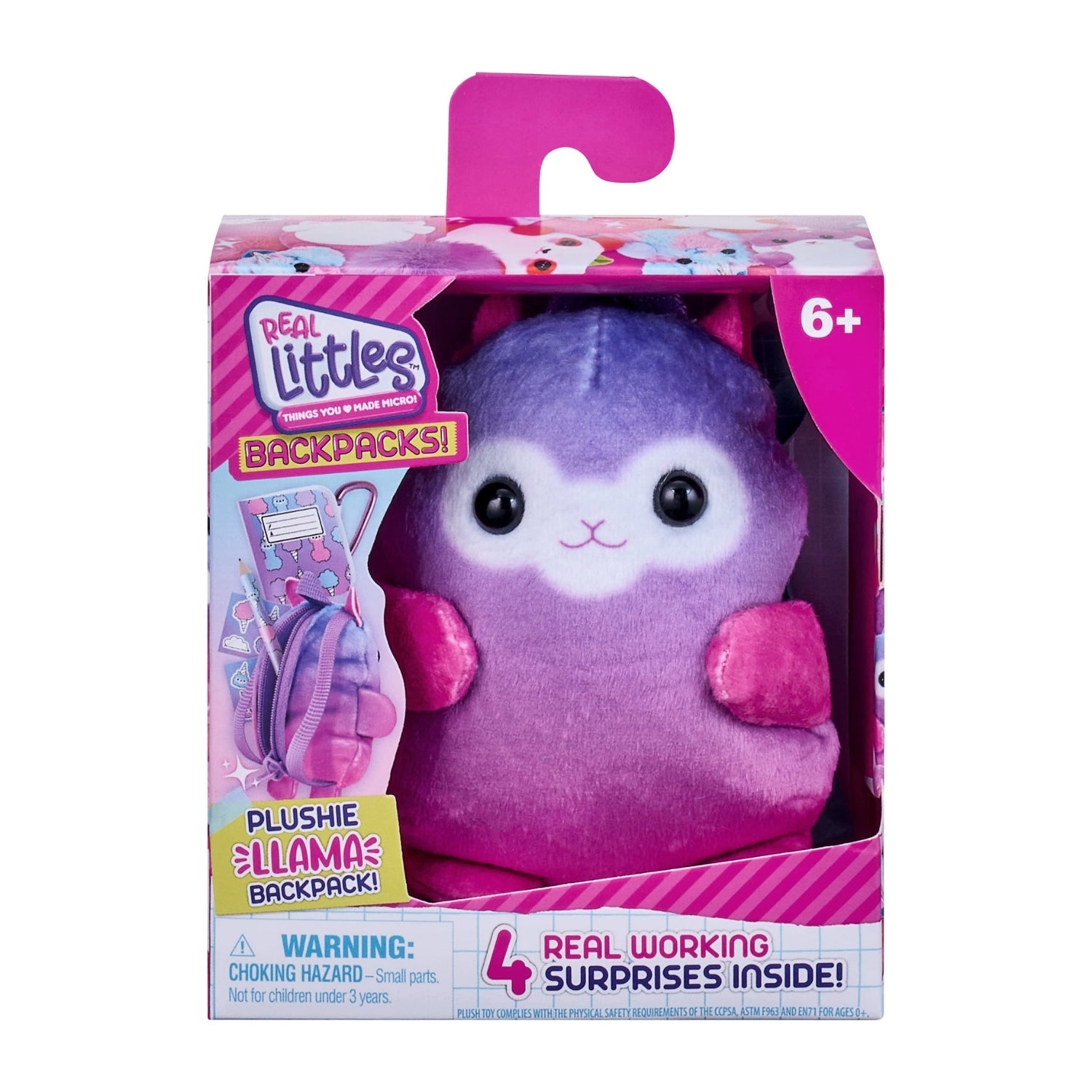 Purple plush llama toy with pink backpack in packaging, featuring 'Real Littles' branding.