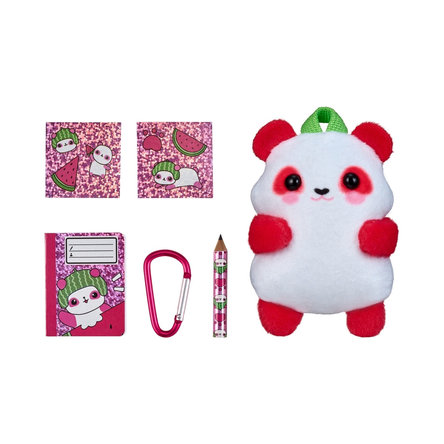 Plush toy panda with stationery items on a white background