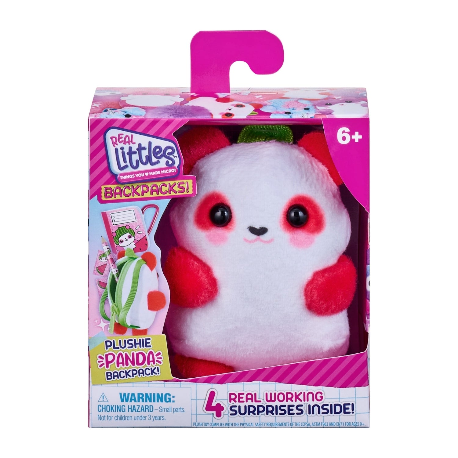 Packaged plush panda toy with pink backpack, 'Deal Littles' branding, and product details on a white background.