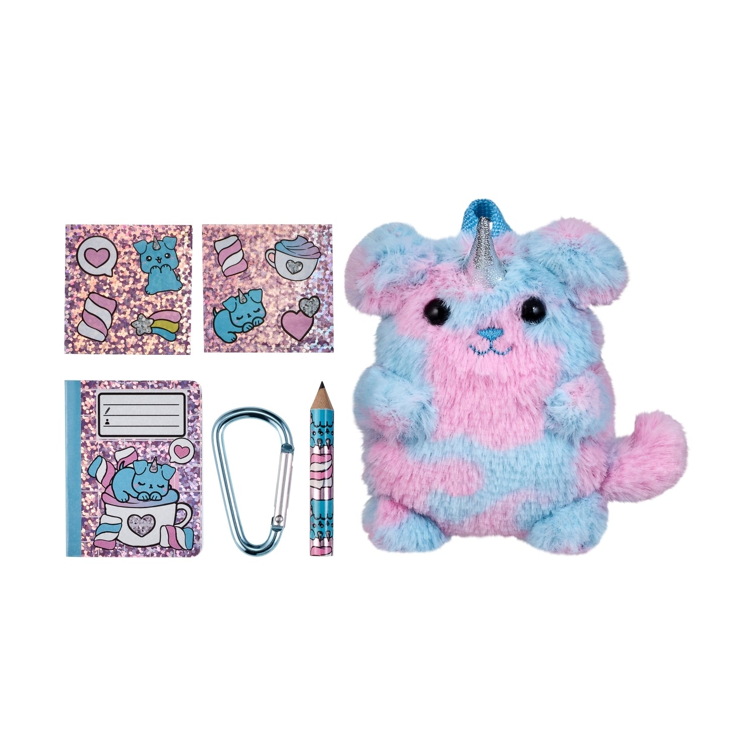 Plush toy with stationery items on a white background