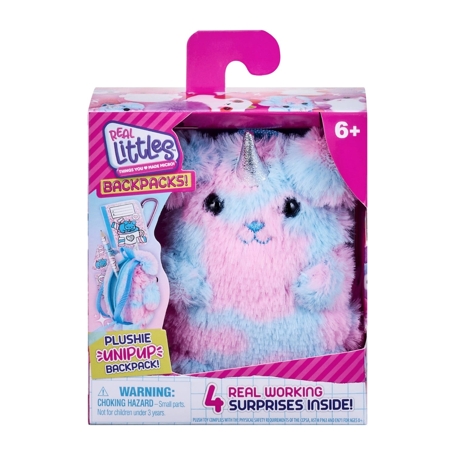 Toy backpack with plush toy inside, packaging on a white background