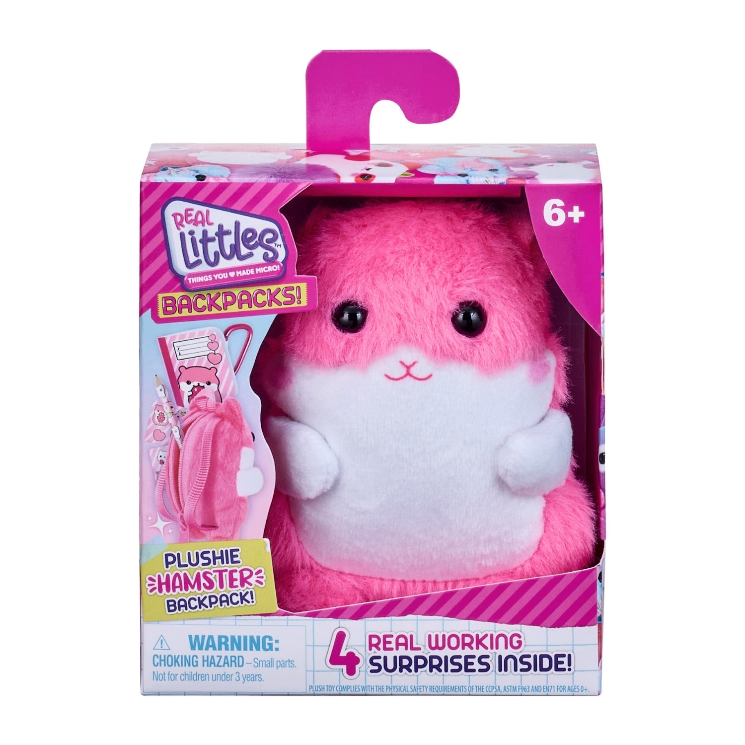 Pink plush toy with white belly in packaging, featuring 'Real Littles' branding.