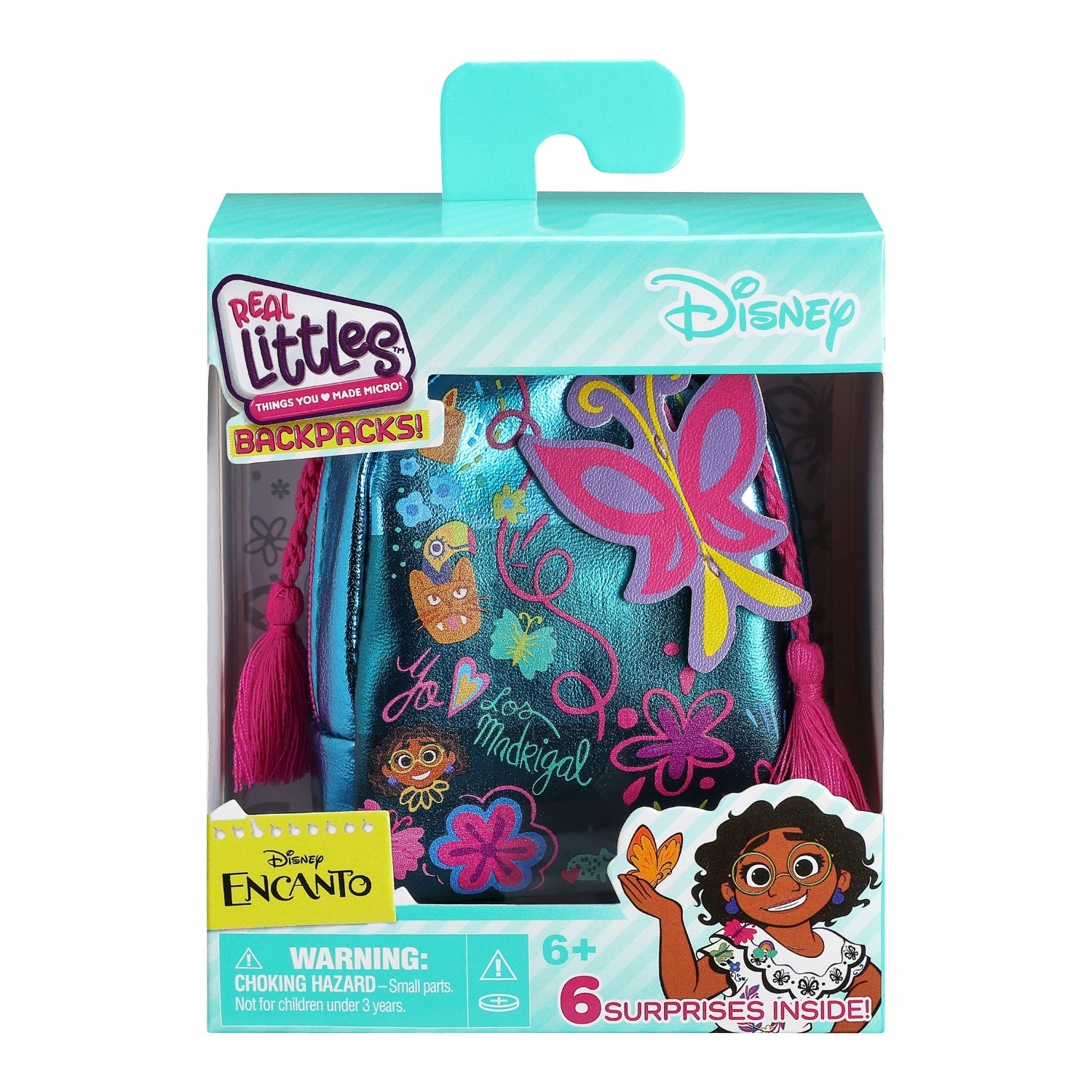 Packaged toy backpack with Disney branding and character illustration on a white background