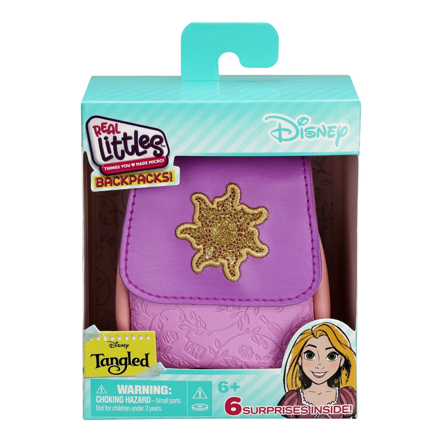 Disney Tangled backpack toy packaging with purple backpack and star design.
