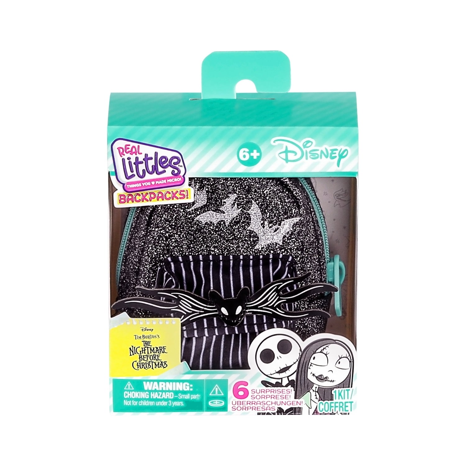 Packaged product with 'Real Littles' and Disney branding, featuring a black and white design.