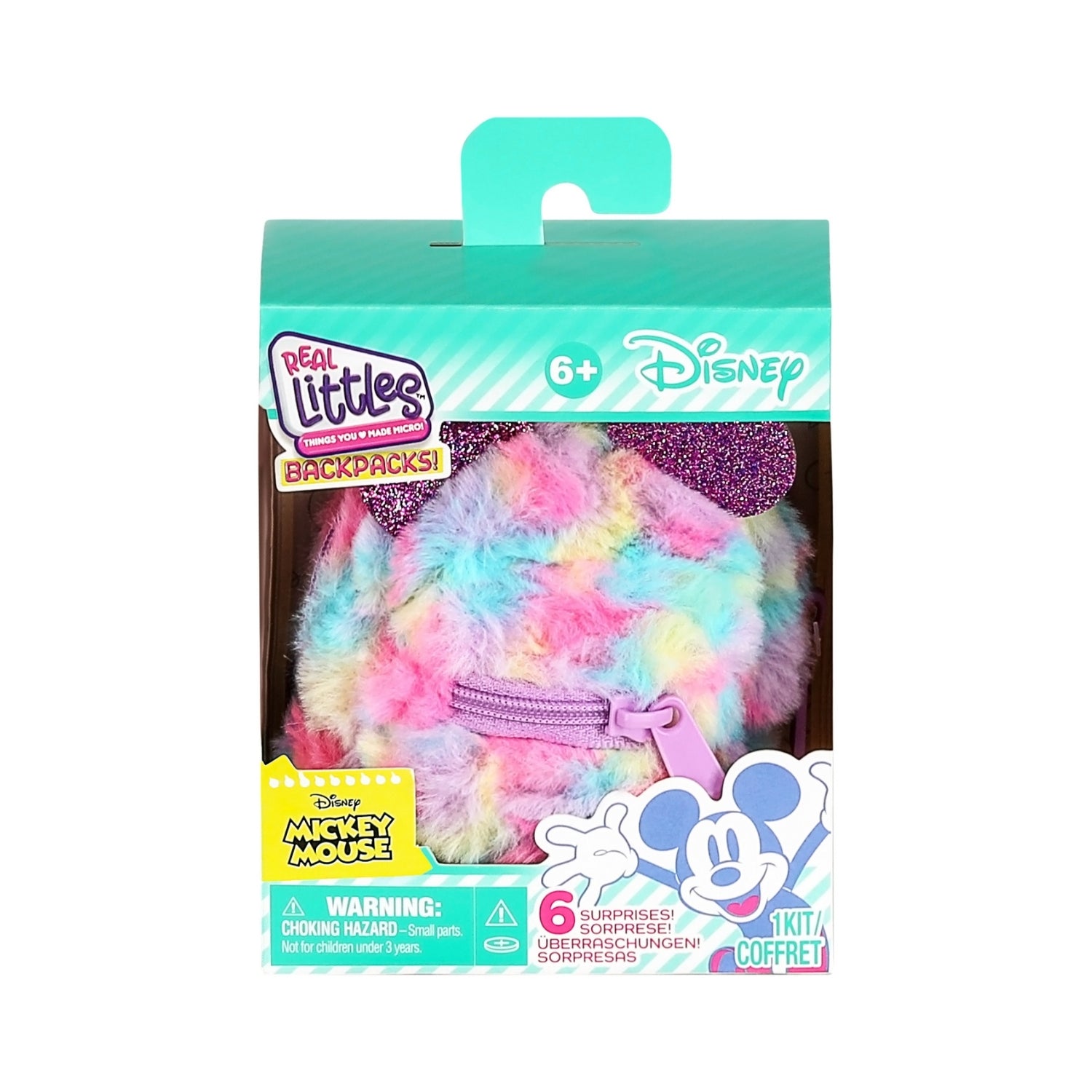 Packaged colorful backpack with Disney branding on a white background