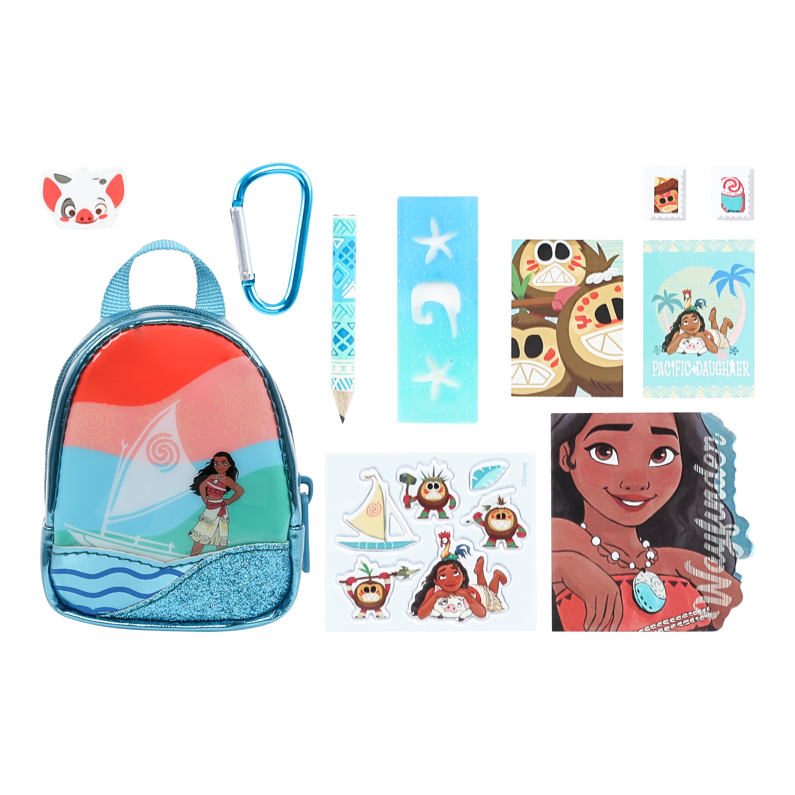 Collection of Disney Moana-themed items including a backpack, stickers, and tattoos on a white background.