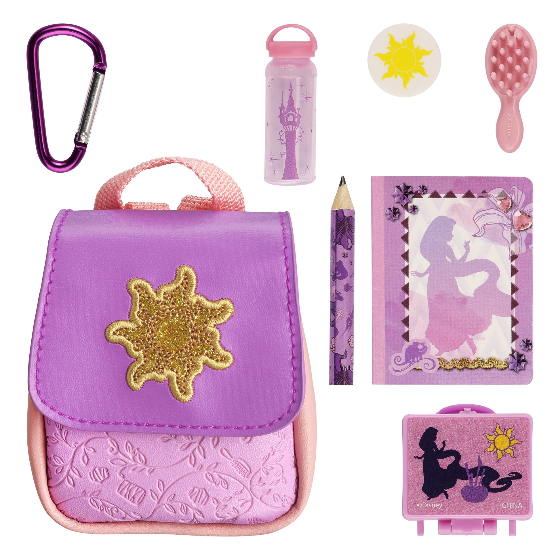 Collection of Disney Princess-themed items including a backpack, water bottle, and stationery set on a white background.
