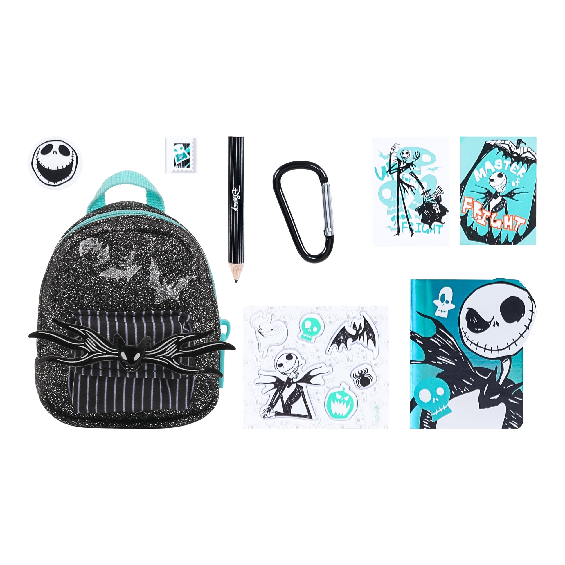 Collection of backpack and stationery items with Jack Skellington design on a white background