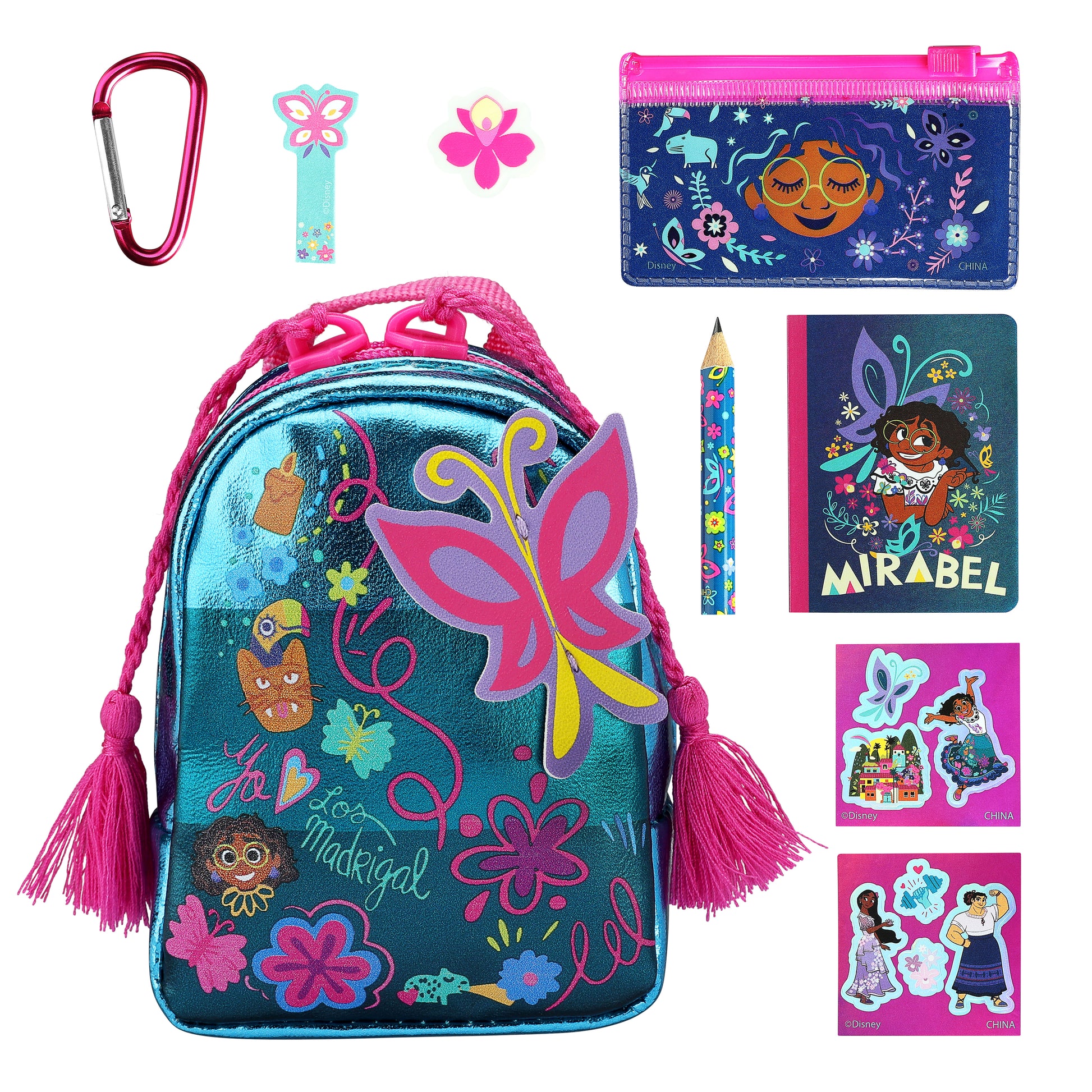 Collection of children's backpack and accessories with colorful designs on a white background