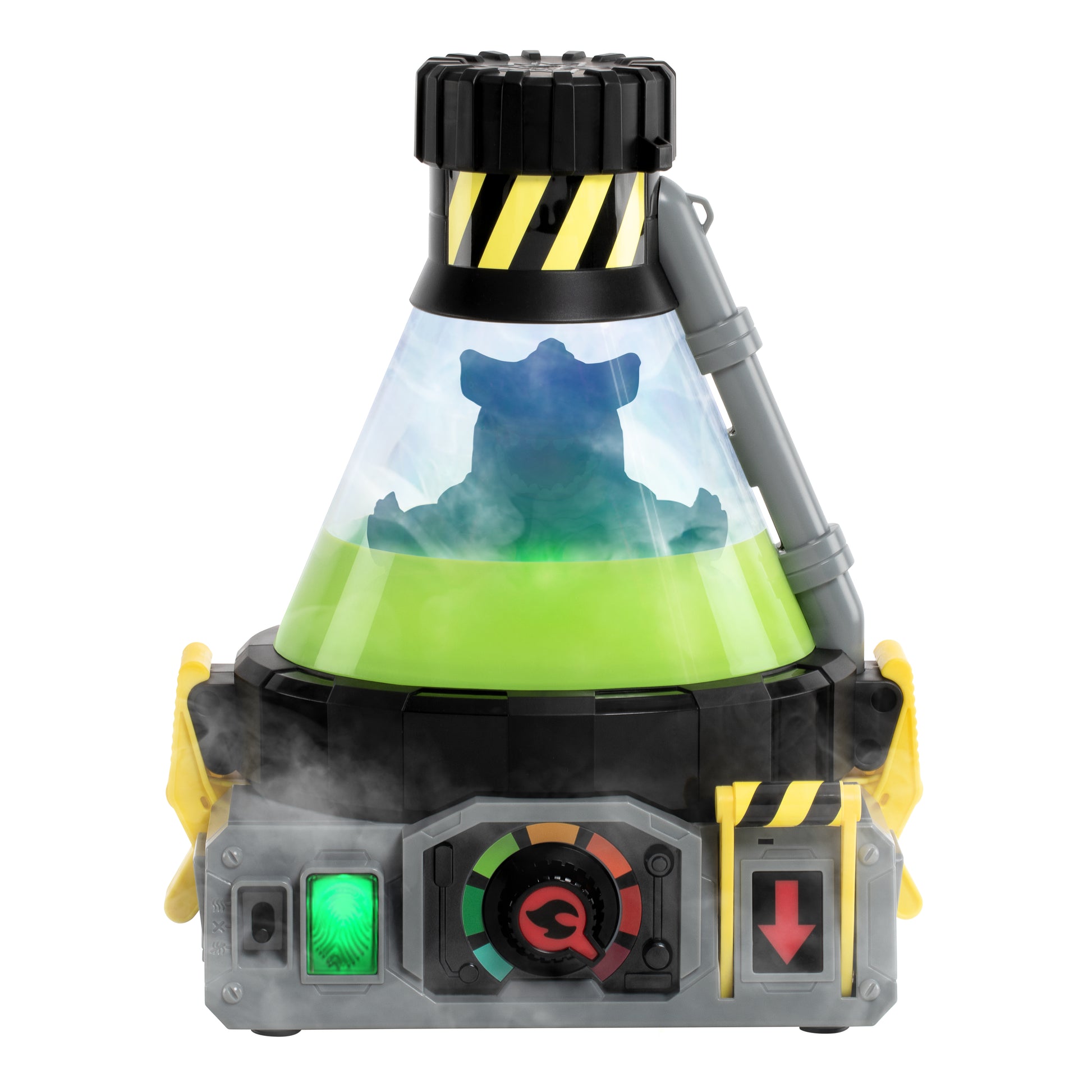 Toy device with a transparent container holding a small dog, surrounded by green liquid, on a white background.