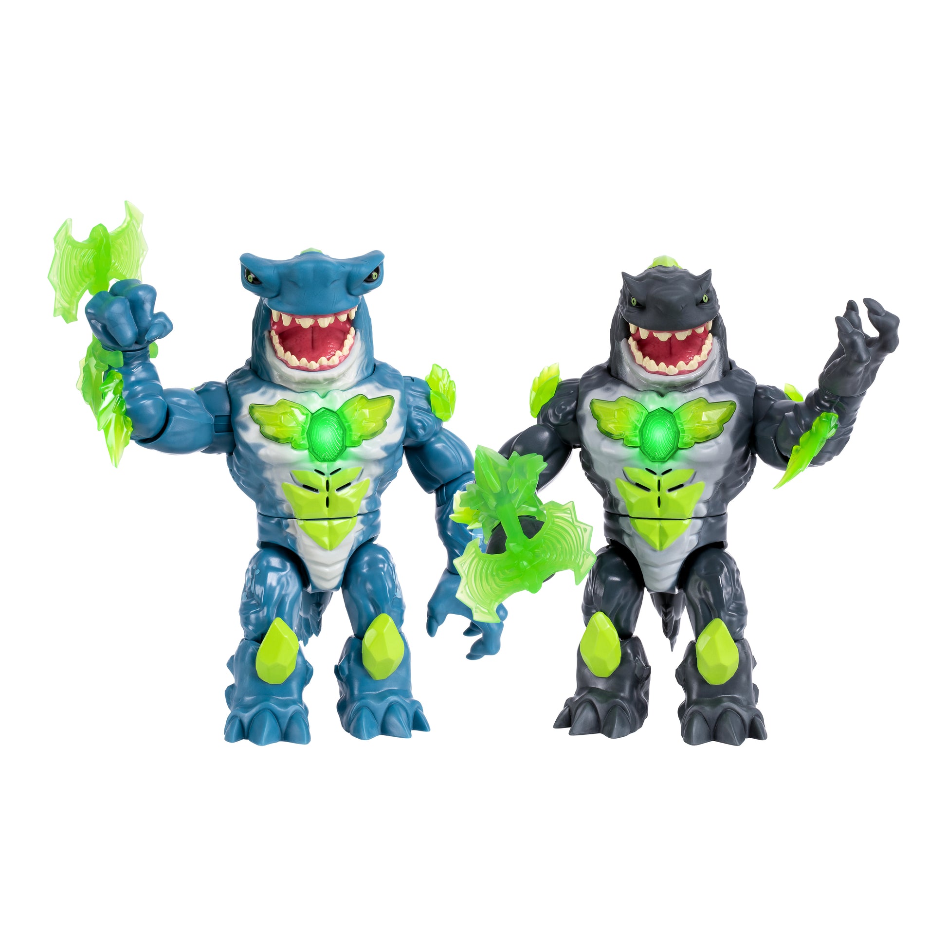Two toy figures, one blue and one gray, with green accents on a white background