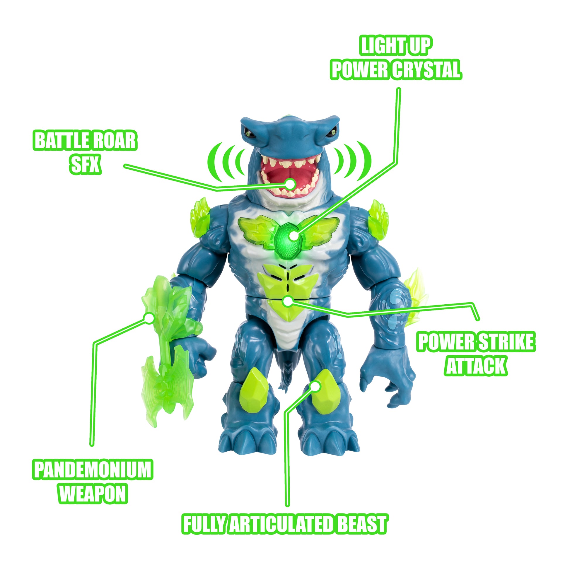 Toy figure with features highlighted on a white background