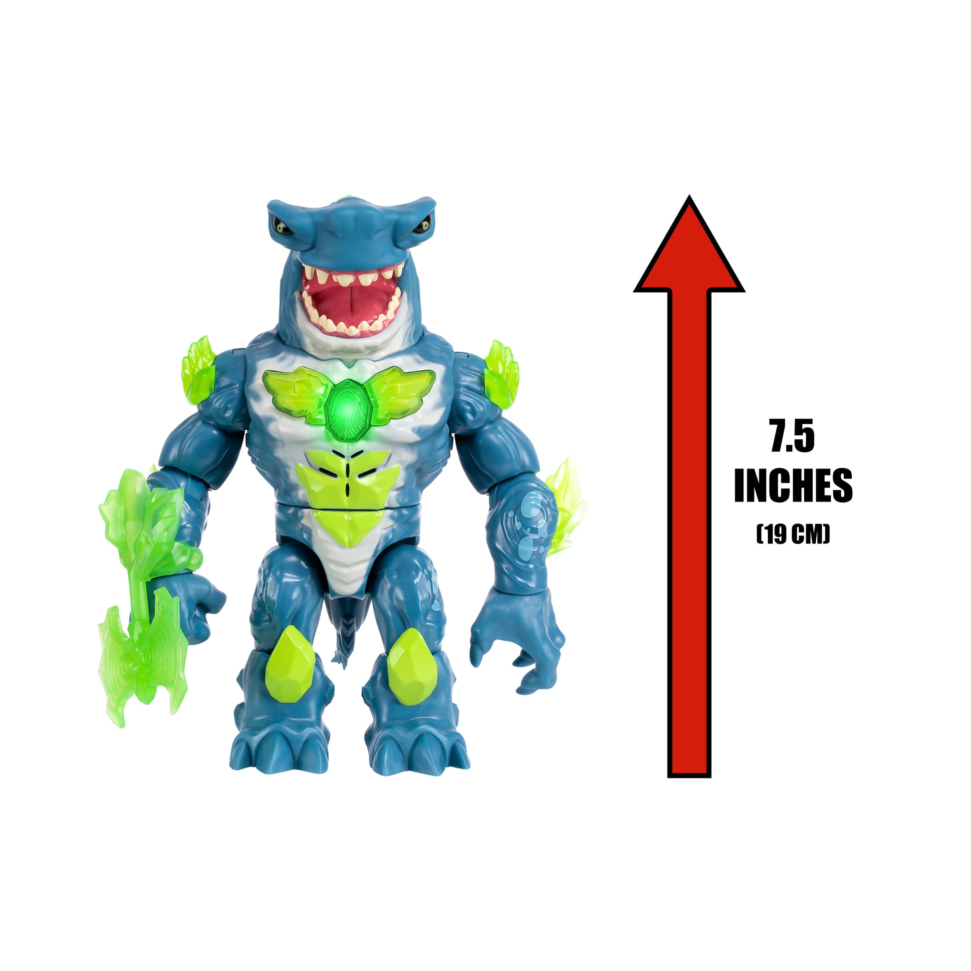 Toy figure with green accents on a white background, showing height measurement.