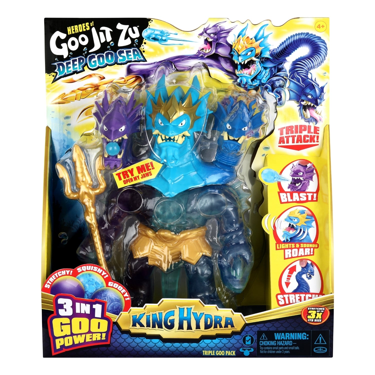Toy figure packaging of King Hydra from Goo Jit Zu with colorful design and action features.