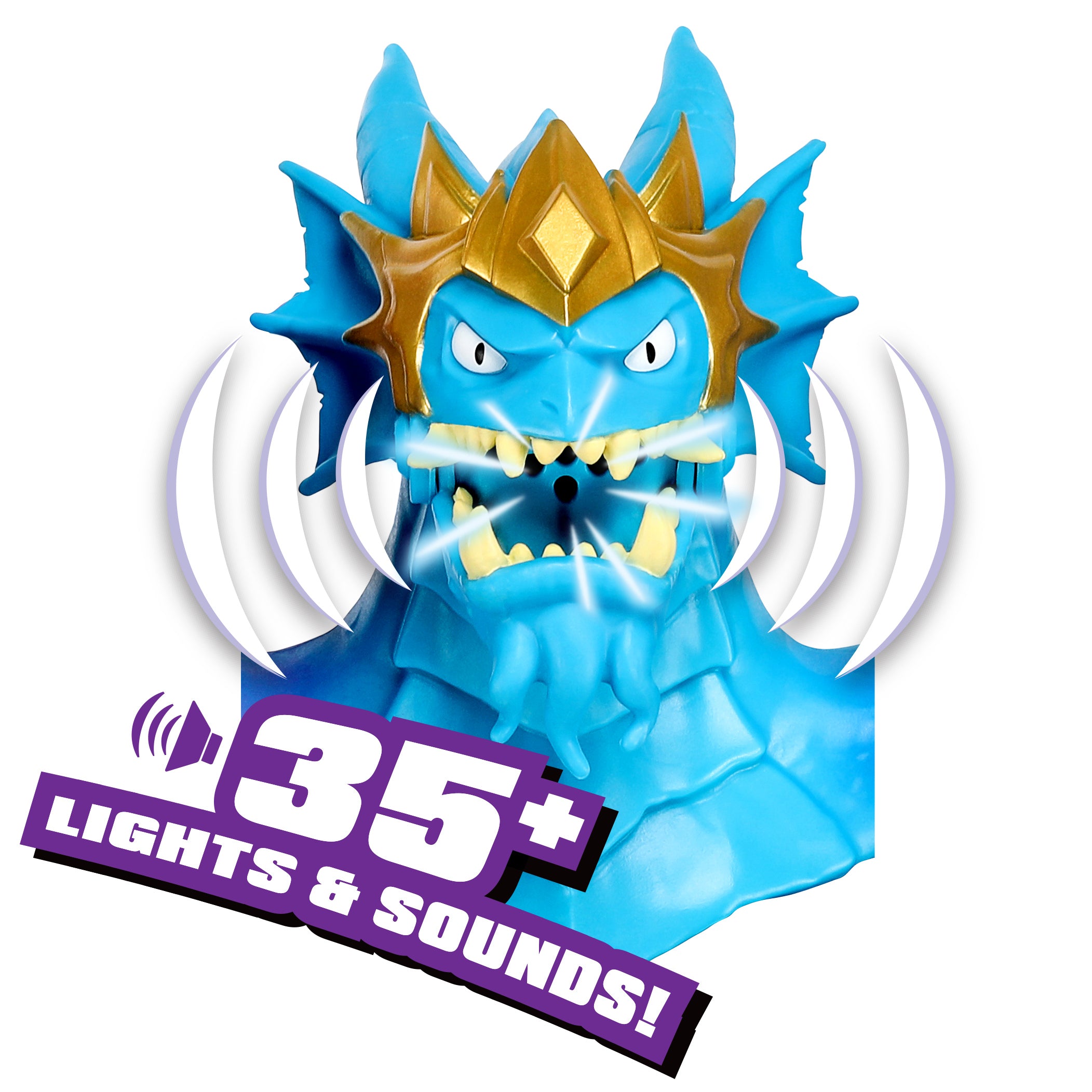 Toy figure with blue and gold design, featuring '35+ Lights & Sounds' text.