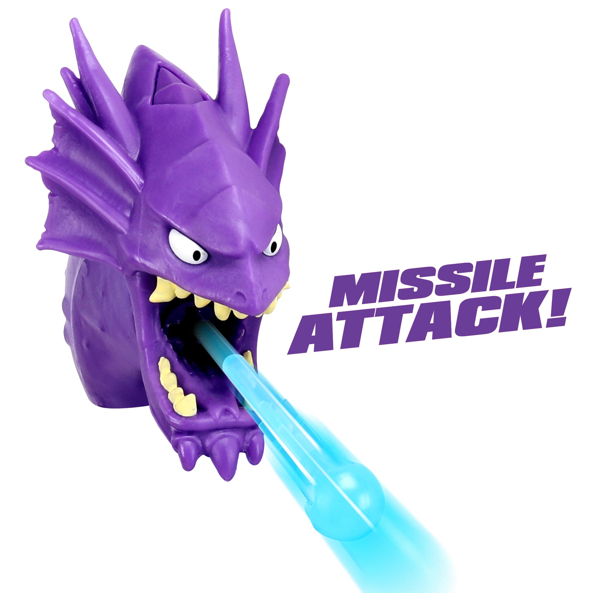 Purple toy dragon with a blue missile labeled 'Missile Attack!' on a white background